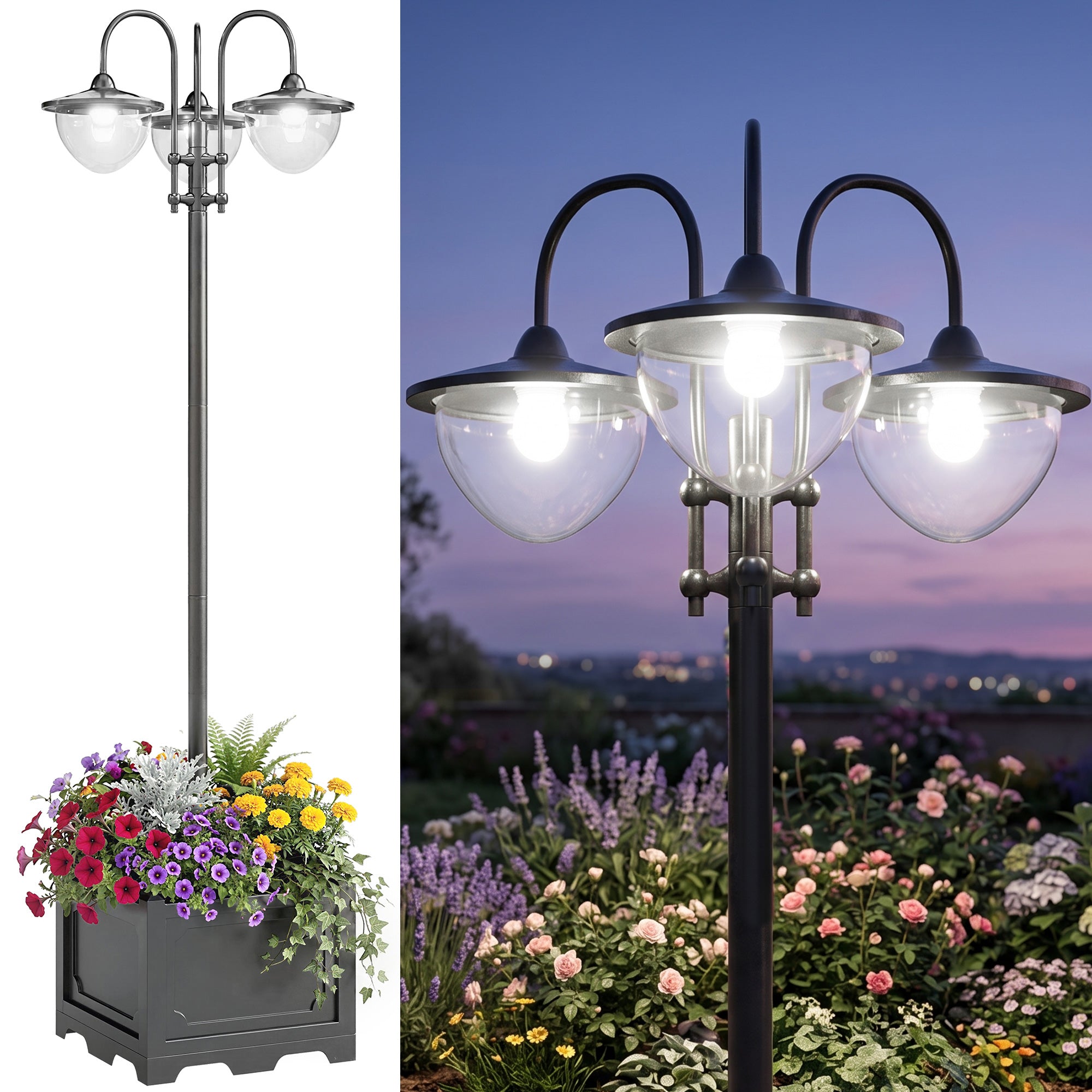 74.5" 3-head Solar Lamp Post Light with Planter, Solar Pole Lights Outdoor Waterproof LED Lighting for Backyard Pathway Patio Lawn Driveway Decor, Black