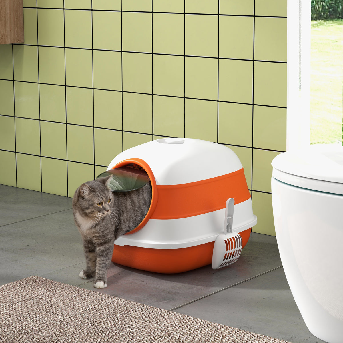 Dome Covered Cat Litter Box with Lid, White and Orange