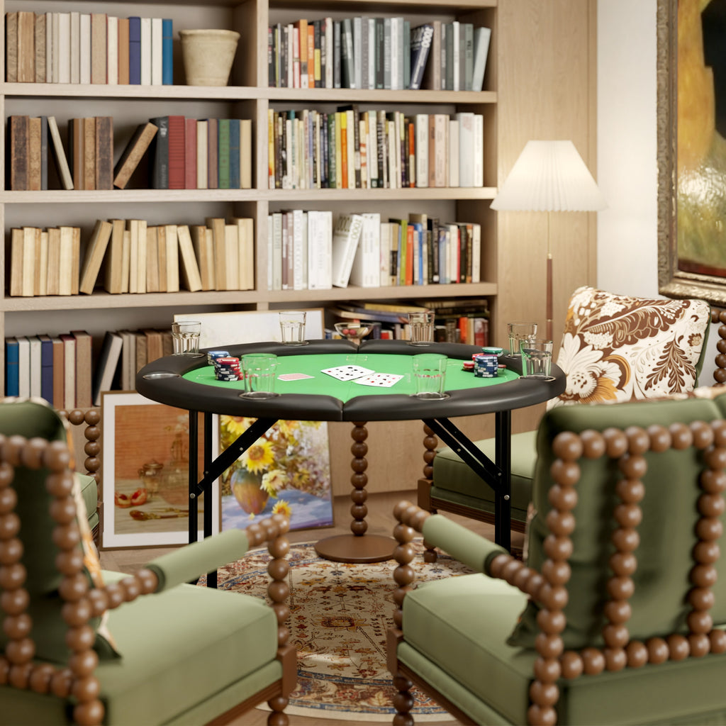 Poker Table Foldable 47" Round Casino Folding Game Table for 8 Players with Cup Holders, Green