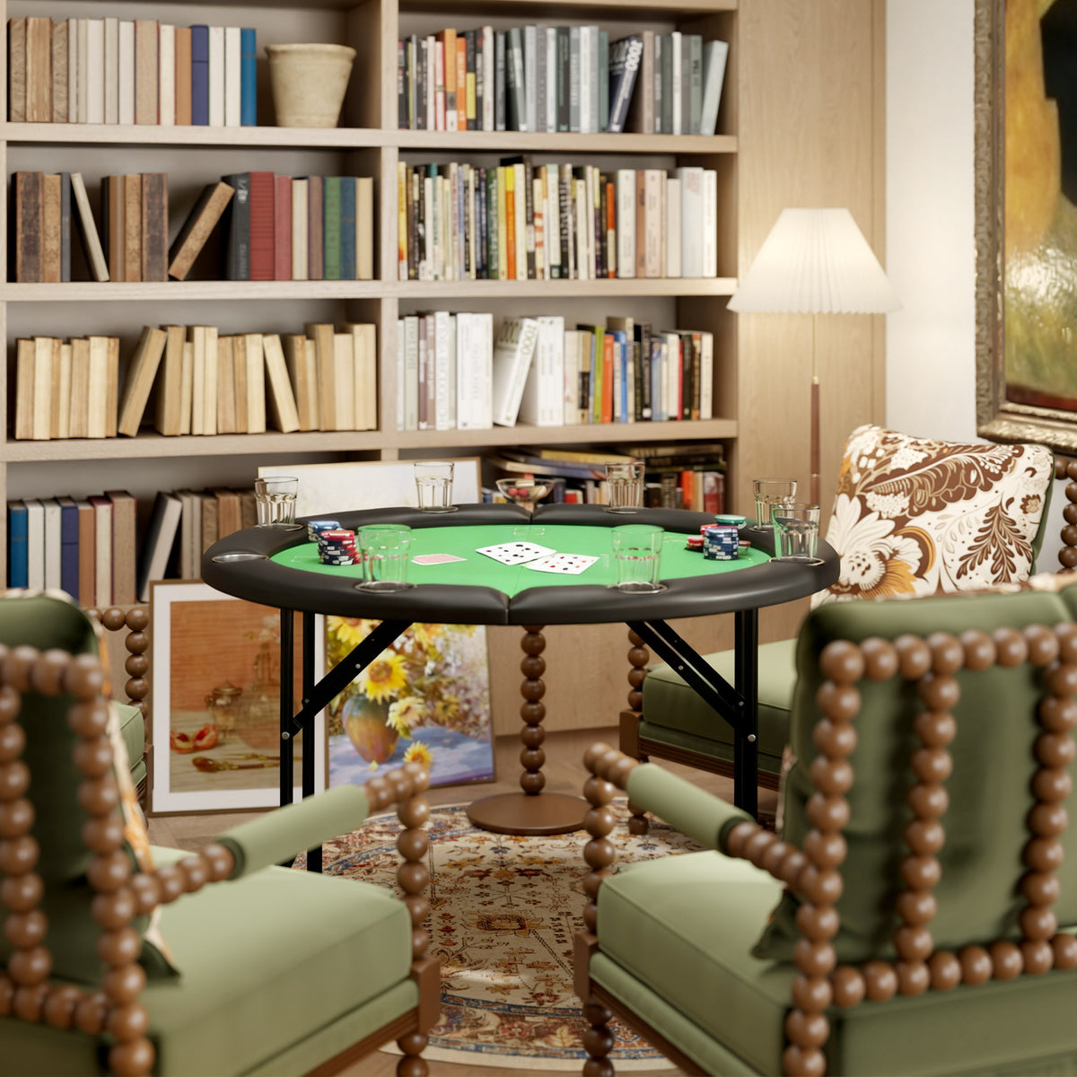 Poker Table Foldable 47" Round Casino Folding Game Table for 8 Players with Cup Holders, Green