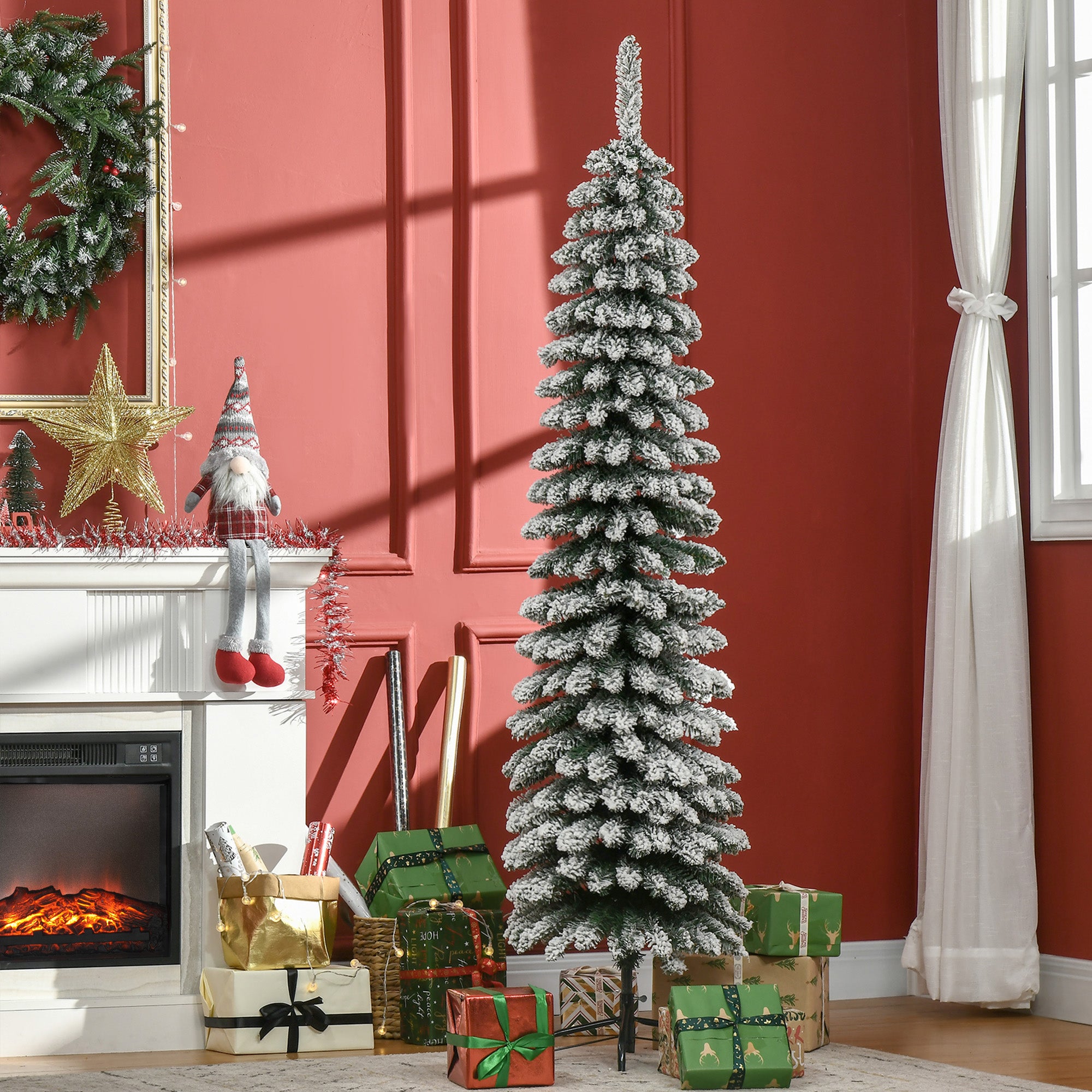 6' Tall Unlit Slim Pencil Xmas Tree, Snow Flocked Artificial Christmas Tree with Realistic Branches and 603 Tips, Green