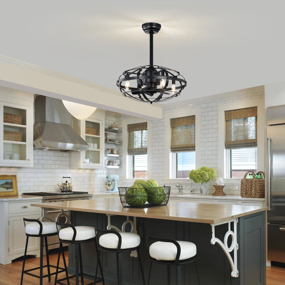 Industrial Bladeless Ceiling Fan with Lights, 18" Caged Design, Reversible Motor, Remote Control, Downrod Mount, E12 Standard Base, Matte Black