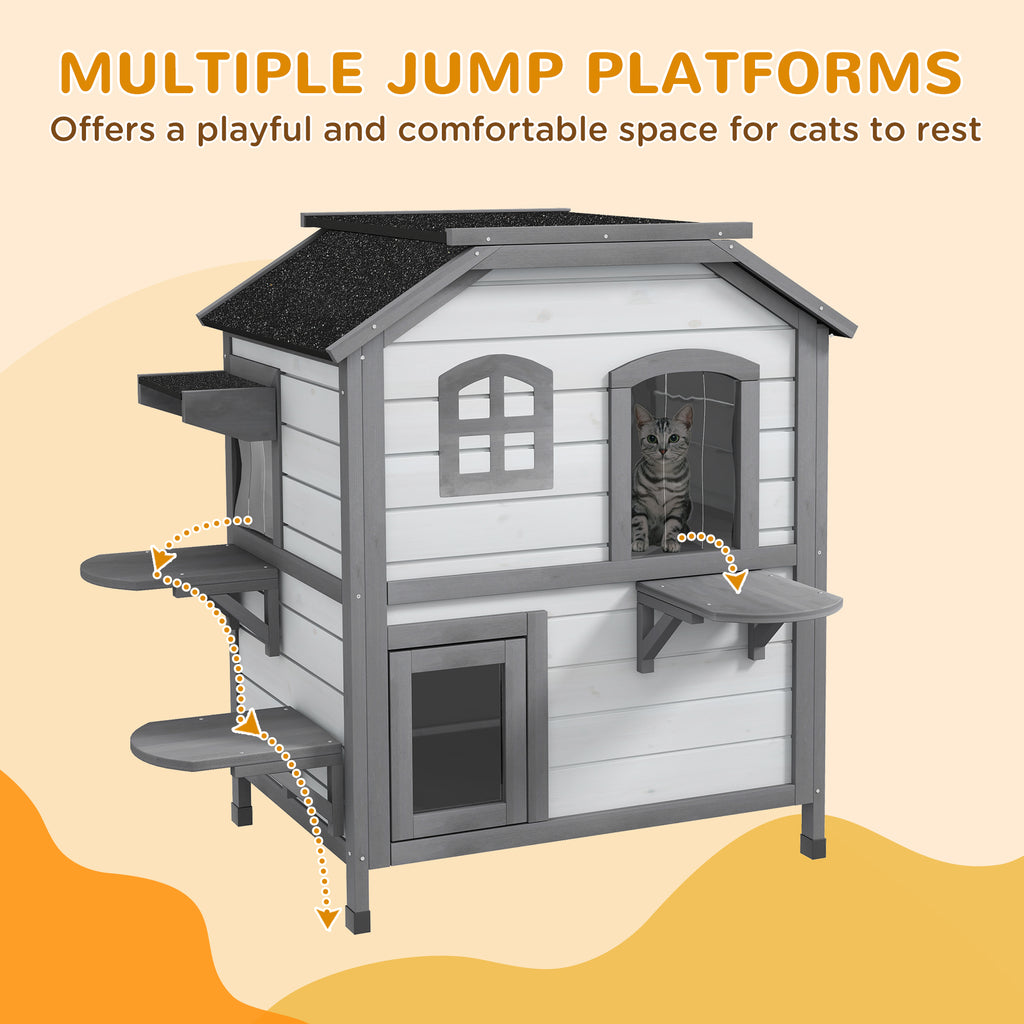 Wooden 2-Story Outdoor Cat House, Feral Cat Shelter Kitten Condo with Openable Asphalt Roof and 4 Platforms, White
