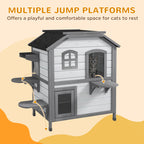 Wooden 2-Story Outdoor Cat House, Feral Cat Shelter Kitten Condo with Openable Asphalt Roof and 4 Platforms, White