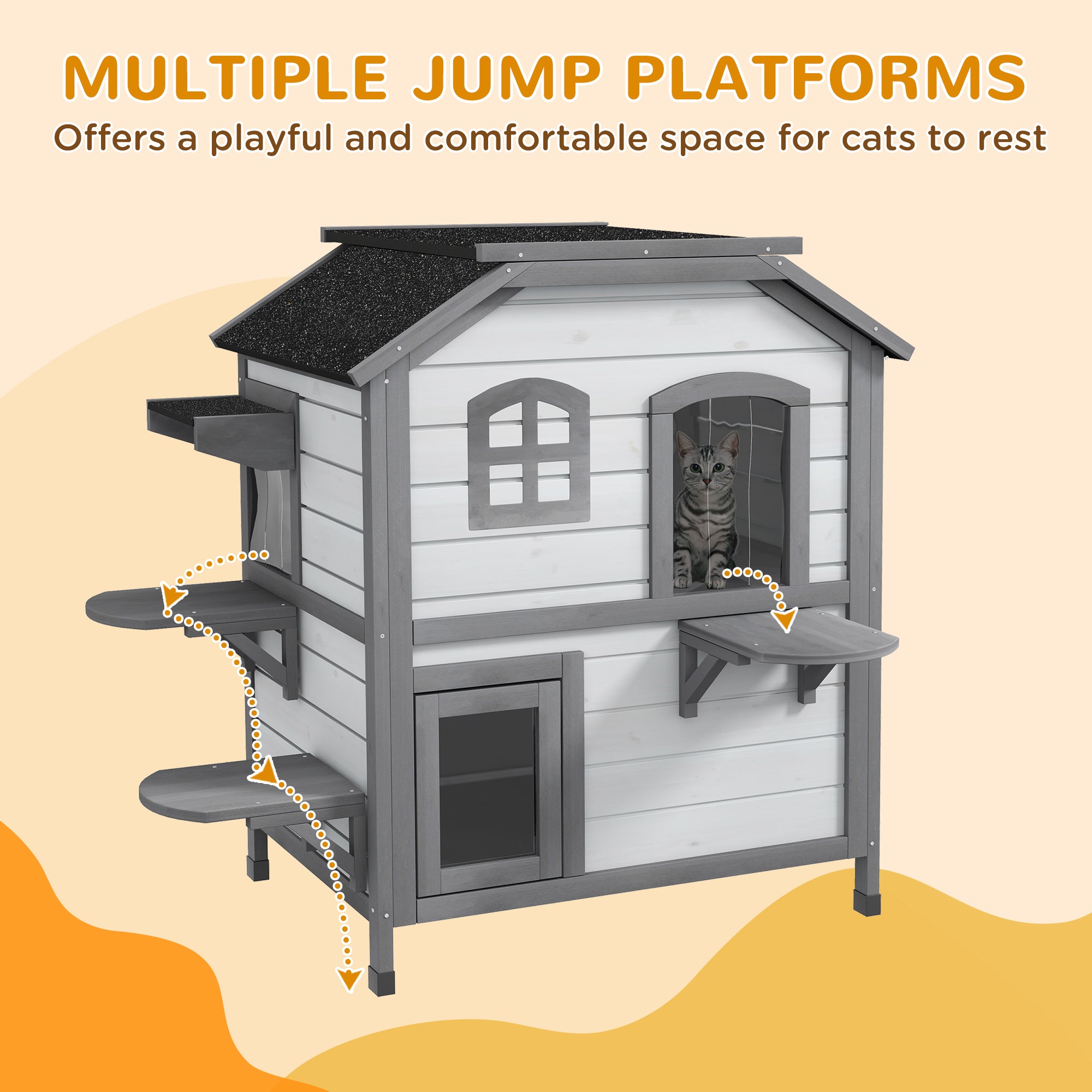 Wooden 2-Story Outdoor Cat House, Feral Cat Shelter Kitten Condo with Openable Asphalt Roof and 4 Platforms, White