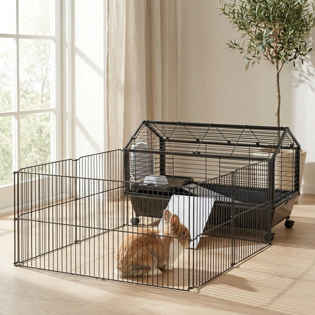 Rolling Metal Rabbit, Guinea Pig, or Small Animal Hutch Cage with Main House and Run