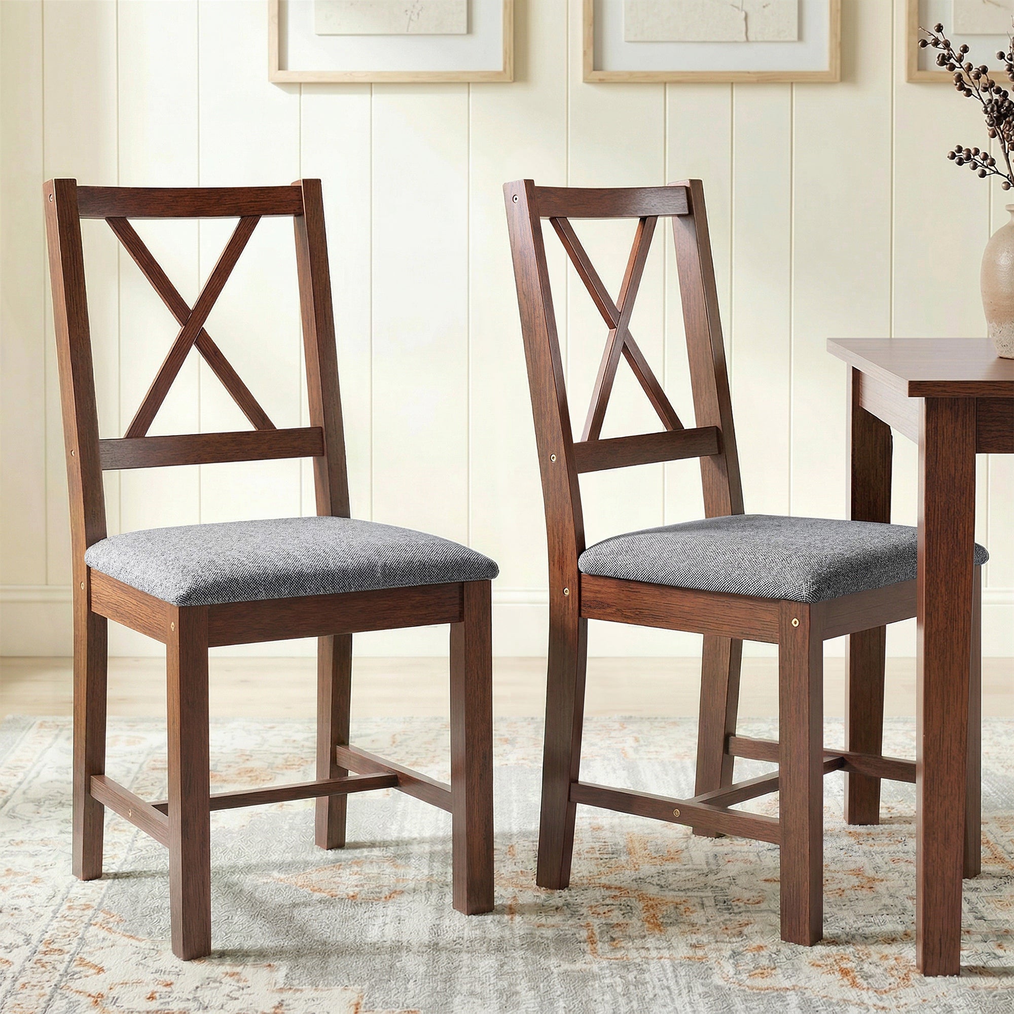 Set of 2 Dining Chairs, Upholstered X-Back Dining Room Chairs with Rubberwood Legs and Padded Seat, Walnut