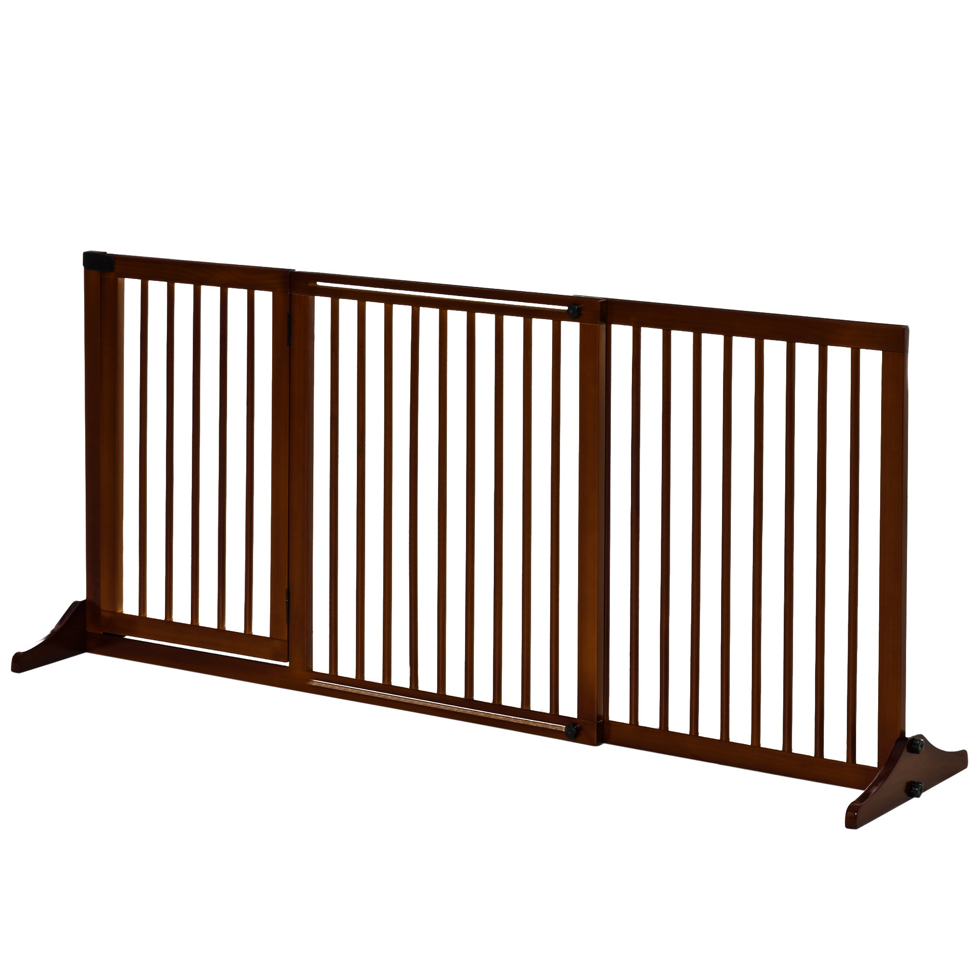 Freestanding Length Adjustable Wooden Pet Gate with Lockable Door 3 Panels, Brown