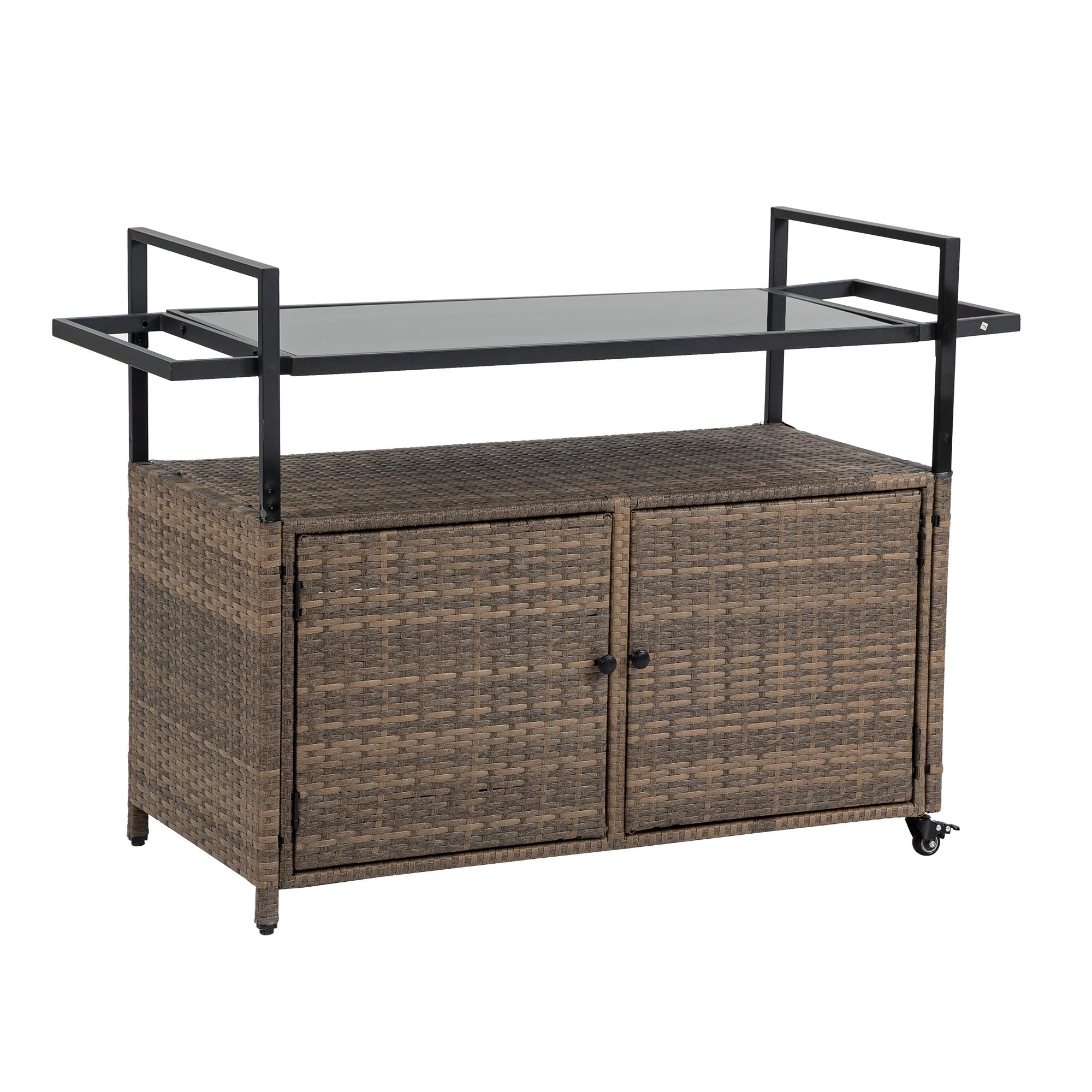Outdoor Wicker Bar Cart with Wheels, Patio Wine Serving Cart with Glass Top and Storage Cabinet, 51" L x 20" W x 35.5" H, Light Brown