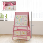 Art Easel for Kids, Double-Sided Whiteboard & Chalkboard with Paper Roll, Storage Baskets for Toddlers Ages 3-8, Pink