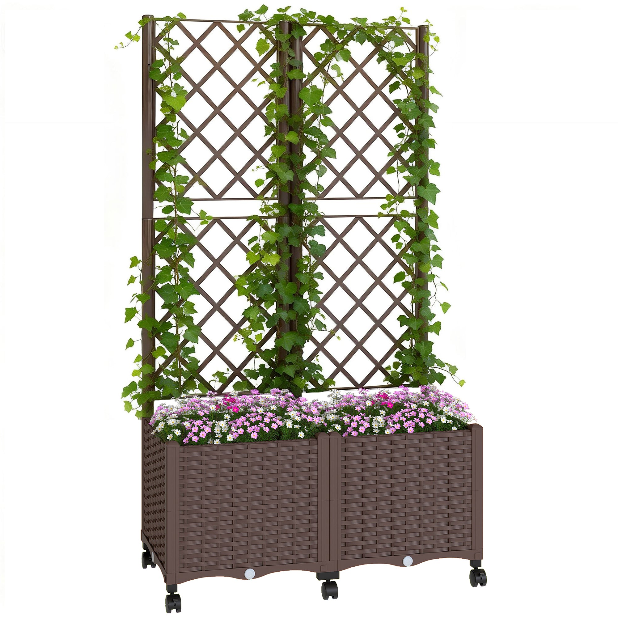 Planter Box with Trellis, Self Watering Raised Garden Bed with Lockable Wheels and Drainage Holes, Brown