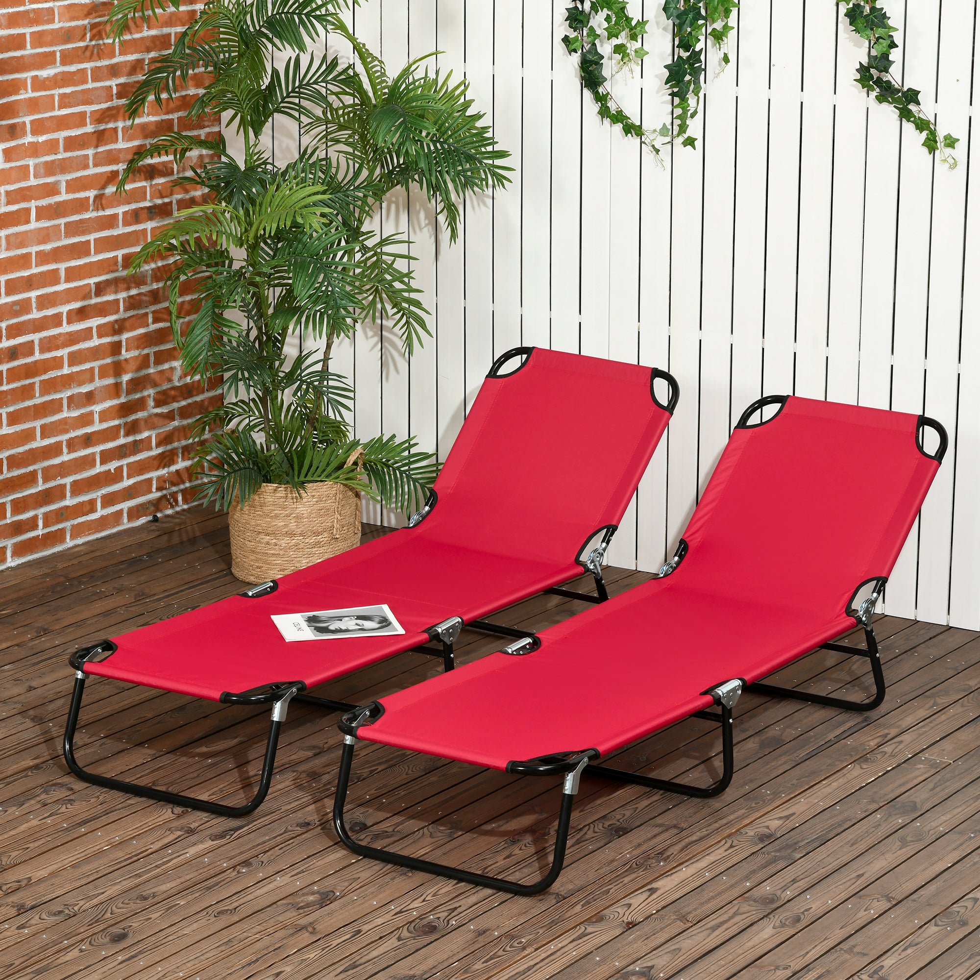 2 Piece Folding Chaise Lounge Pool Chairs, Outdoor Sun Tanning Chairs with 5-Level Reclining Back, Steel Frame for Beach, Yard, Patio, Red