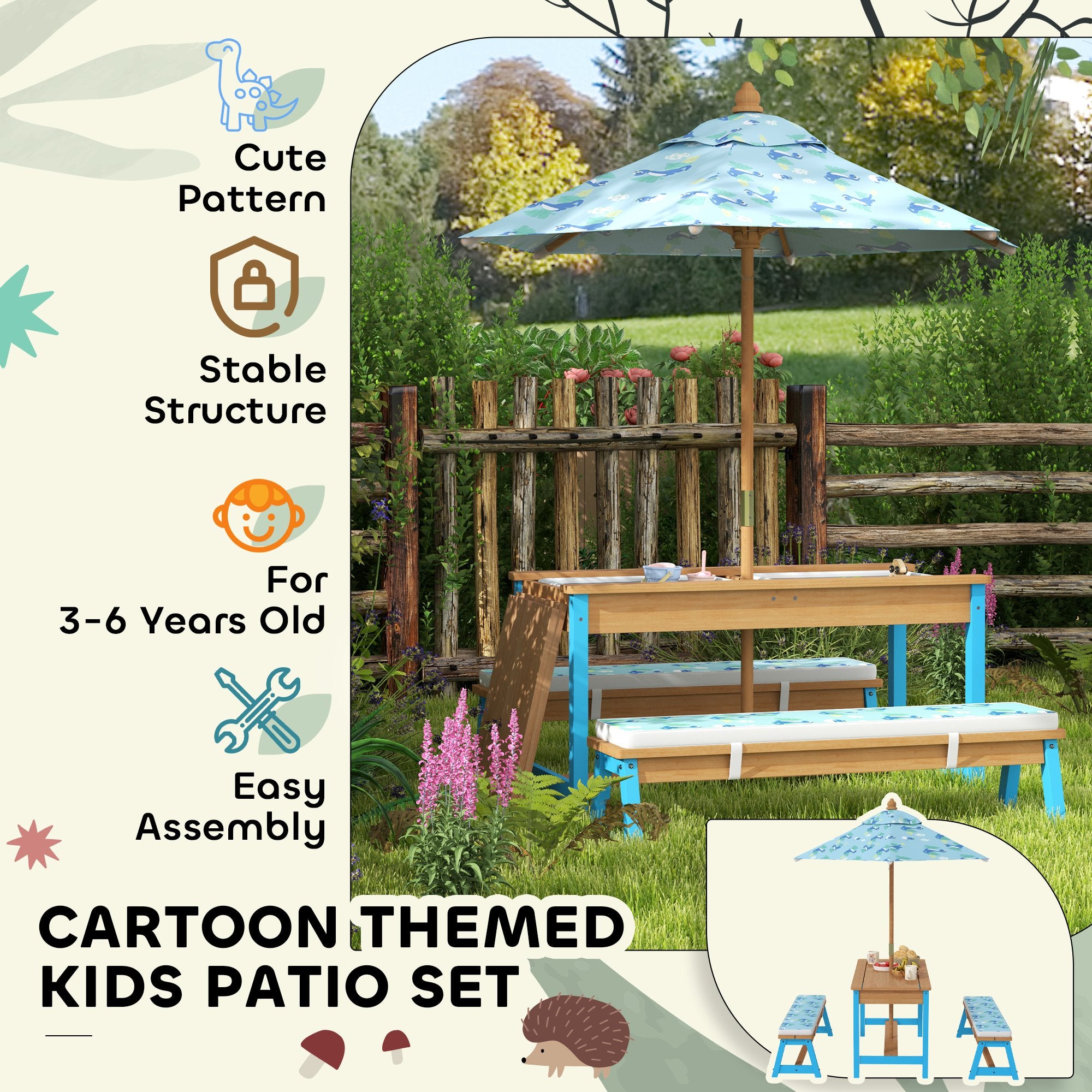 Kids Picnic Table Set with Foldable Umbrella, Removable Cushions & Boxes, Dinosaur Theme, Blue