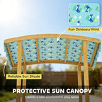 Wooden Sandbox with Dinosaur Print Canopy Kids Sandbox Outdoor with Bench Seats & 2 Storage Bins
