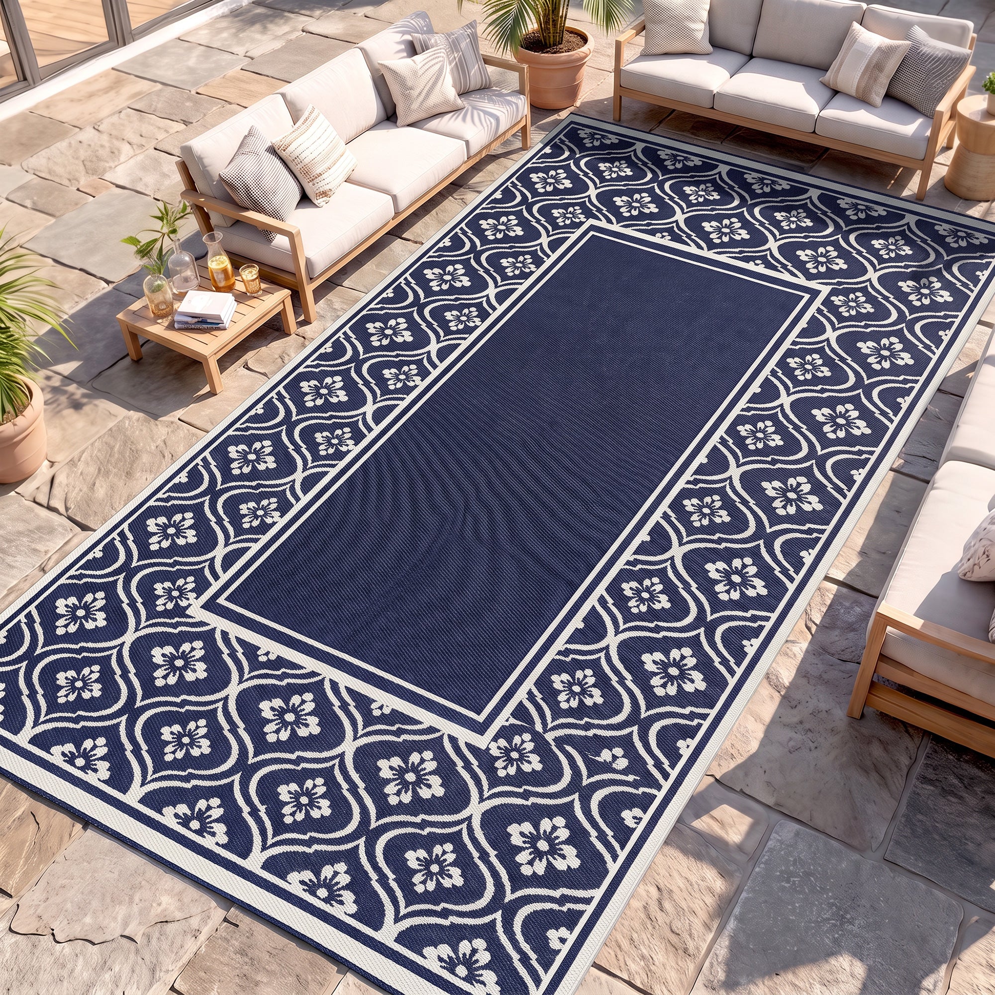 Reversible Outdoor Rug, Waterproof Plastic Straw with Carry Bag, 9' x 18', Blue & White Gourd Border