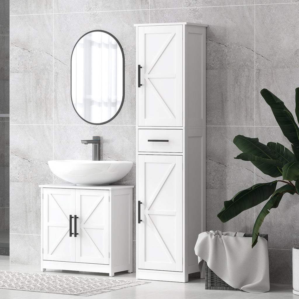 Farmhouse Pedestal Sink Storage Cabinet, Bathroom Sink Cabinet with 2 Barn Doors and Adjustable Shelf, White