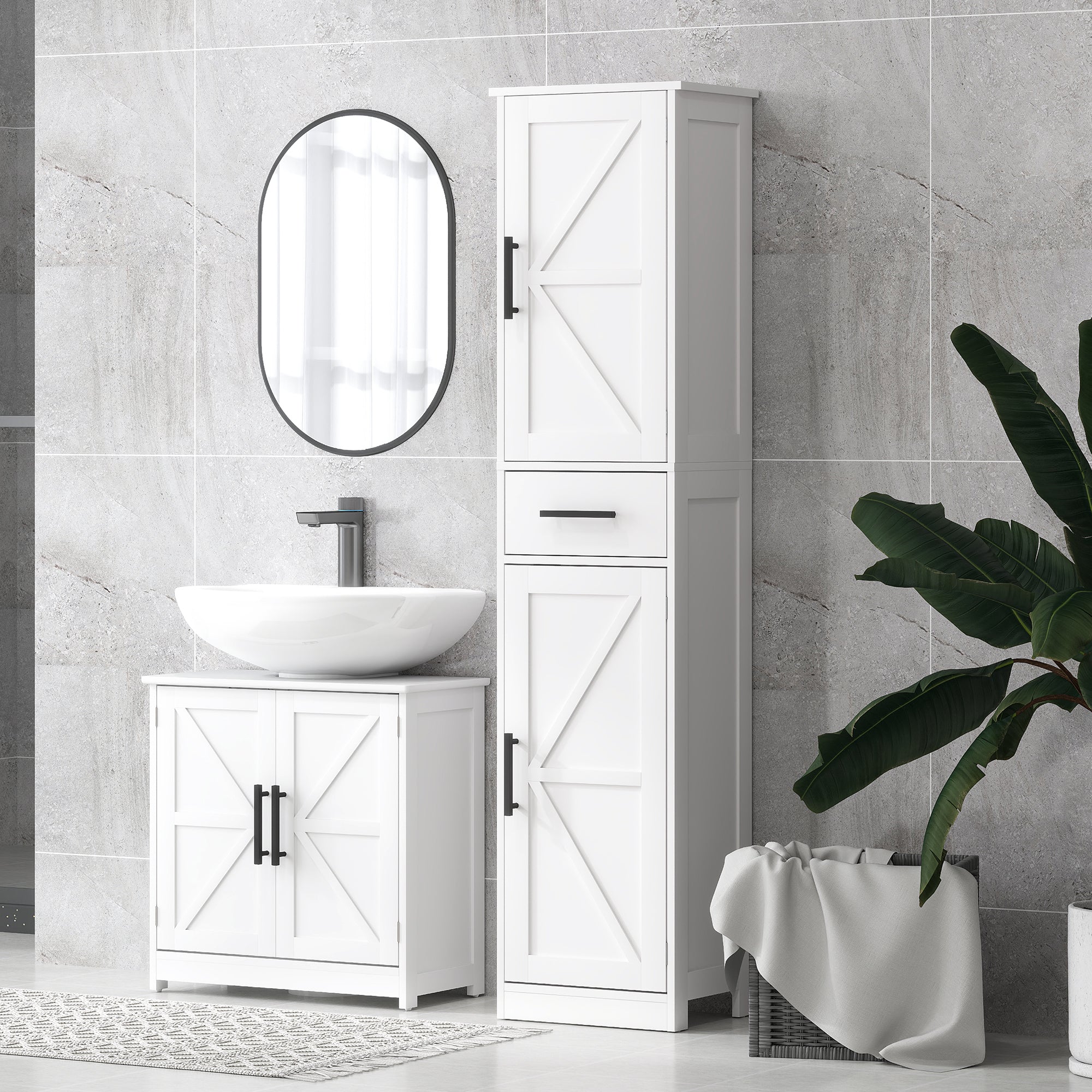 Farmhouse Pedestal Sink Storage Cabinet, Bathroom Sink Cabinet with 2 Barn Doors and Adjustable Shelf, White