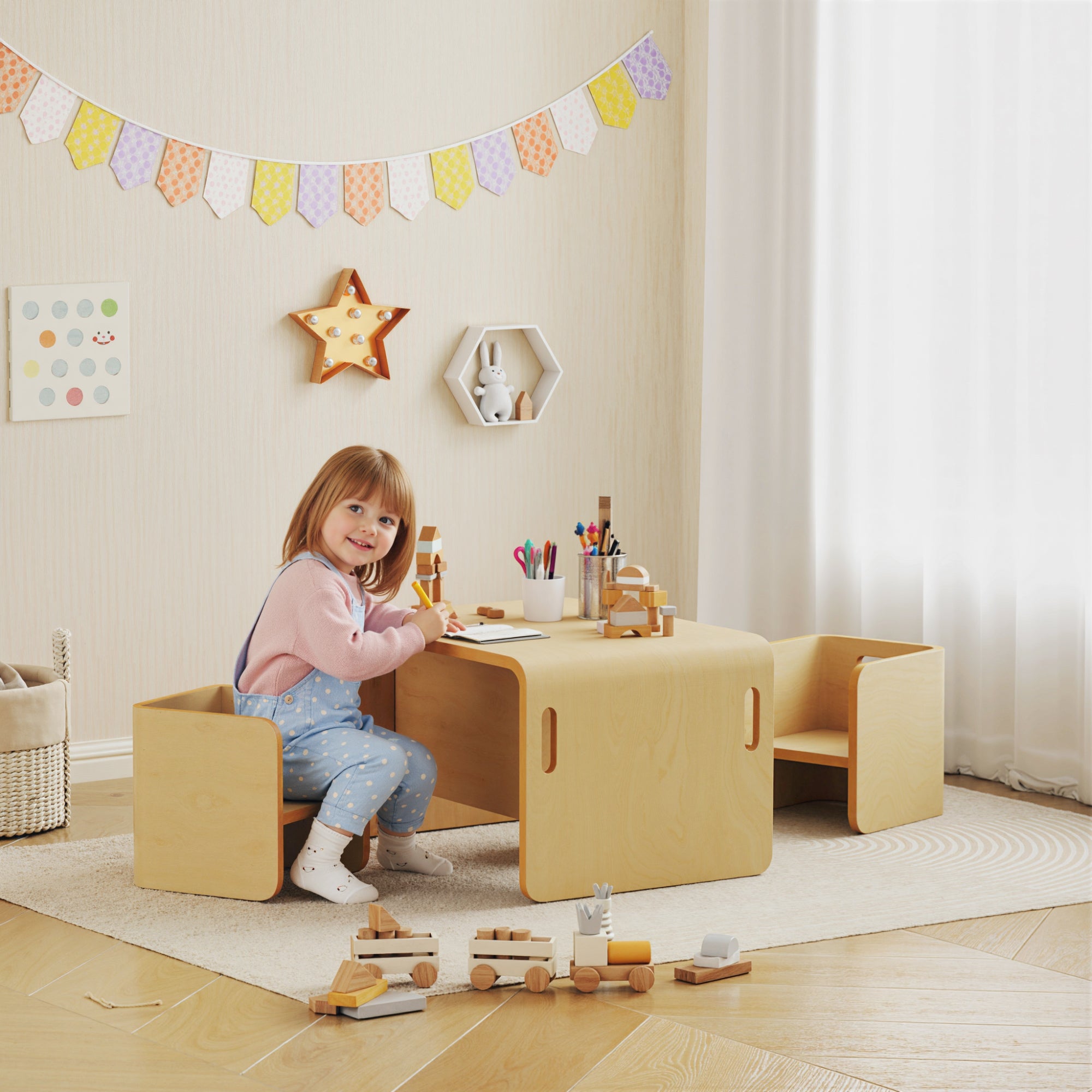 Kids Table and Chair Set, Height Adjustable Toddler Table and Chair Set for Kids Ages 3-8, Play, Learning, Natural
