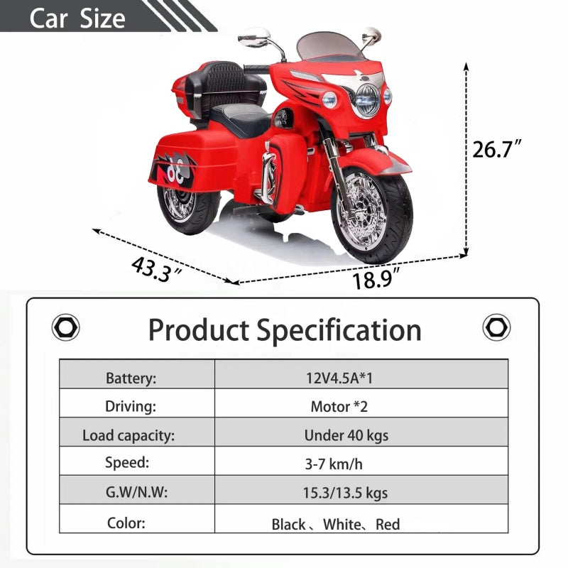 2-Seat 12V Kids Electric Ride-On Motorcycle with Storage Trunk, 3-Wheel Motorbike with MP3 and Bluetooth, 43.5'' L x 19'' W x 26.5'' H, Red