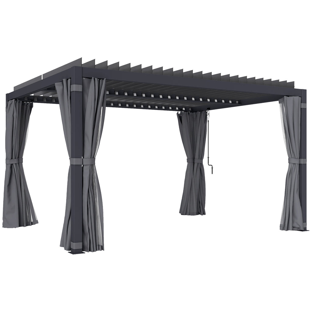 10' x 13' Outdoor Retractable Pergola w/ Sun Shade Louvered Top, Pergola w/ Canopy, Curtains, Netting, Dark Gray