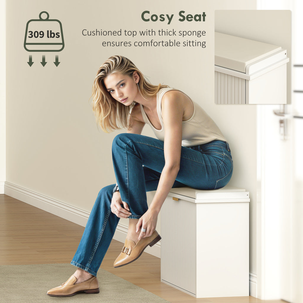 Shoe Storage Bench with Padded Seat Cushion and Flip-Drawer, Entryway Bench, Shoe Cabinet, 24.4x10.2x18.7 Inches, White