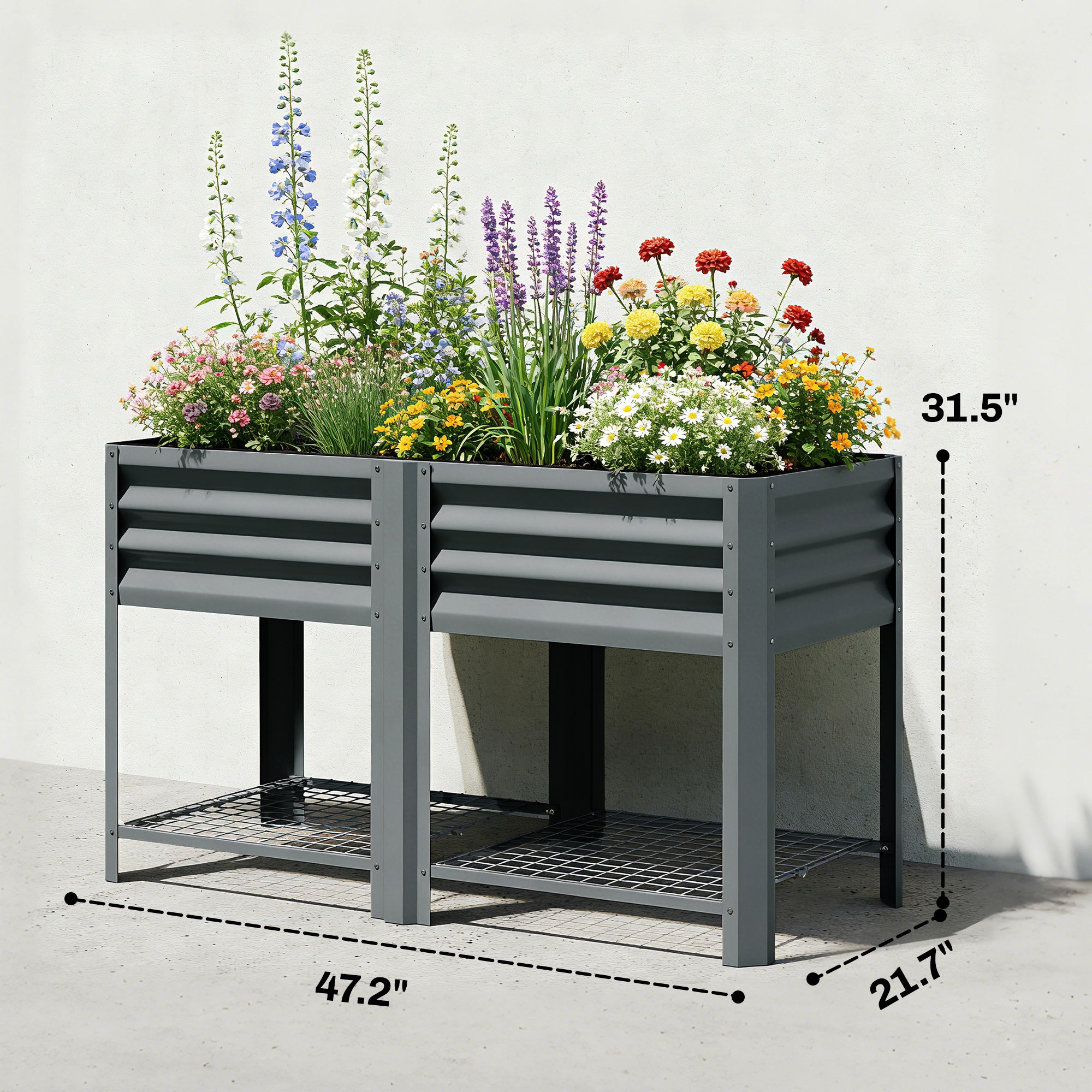 Raised Garden Bed Galvanized Steel, Elevated Planter Box with Storage Shelf, Bed Liner, 31.5" High, Dark Gray