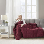 Wearable Multipurpose Throw with Goose Feather, Down Filling, Water-Repellent Microfiber, Machine Washable, 68" L x 62" W x 0.25" H, Red