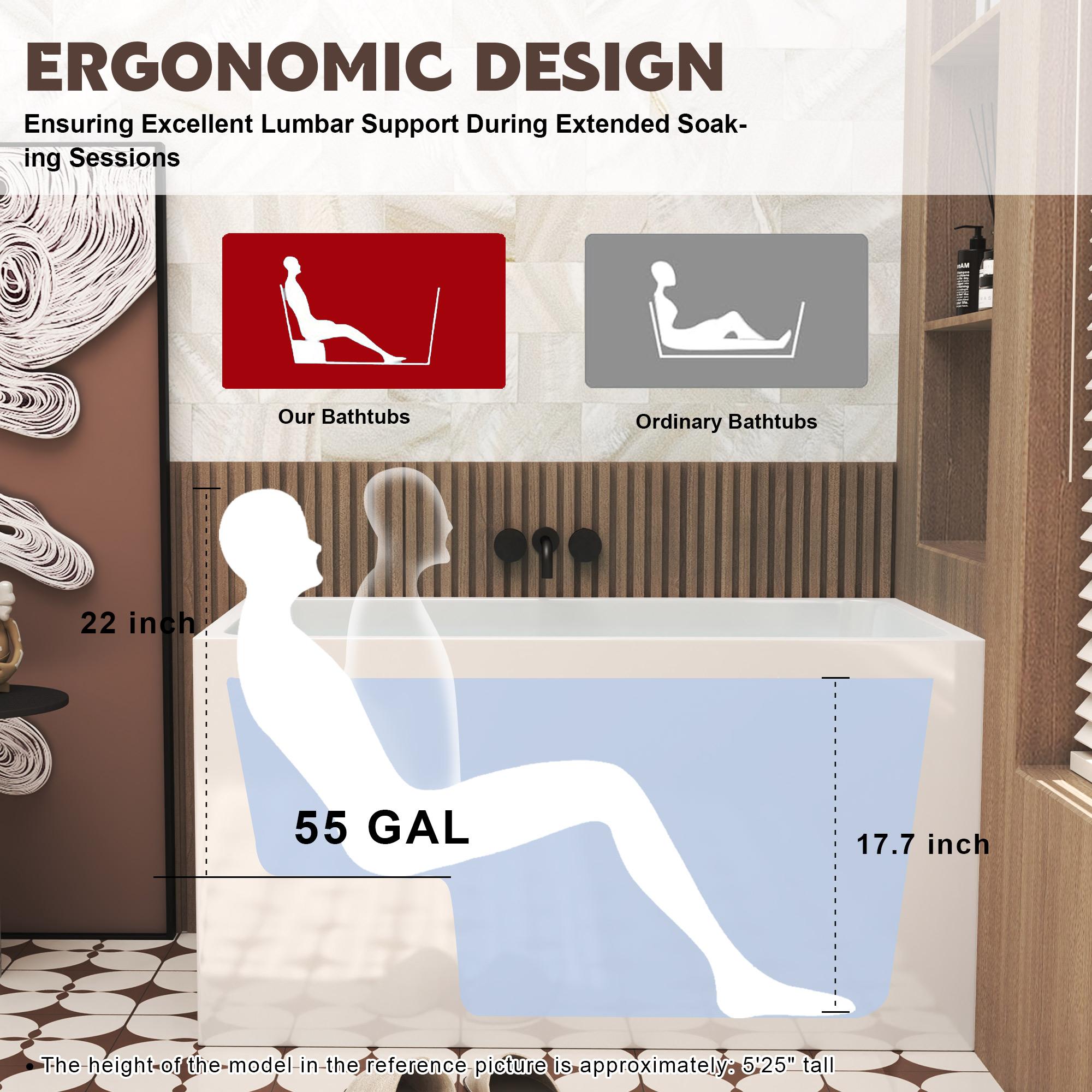47" Acrylic Freestanding Bathtub with Built-In Seat, Ergonomic Sloping Backrest, Soaking Tub for Bathroom, 47" L x 27.5" W x 25" H, Gloss White