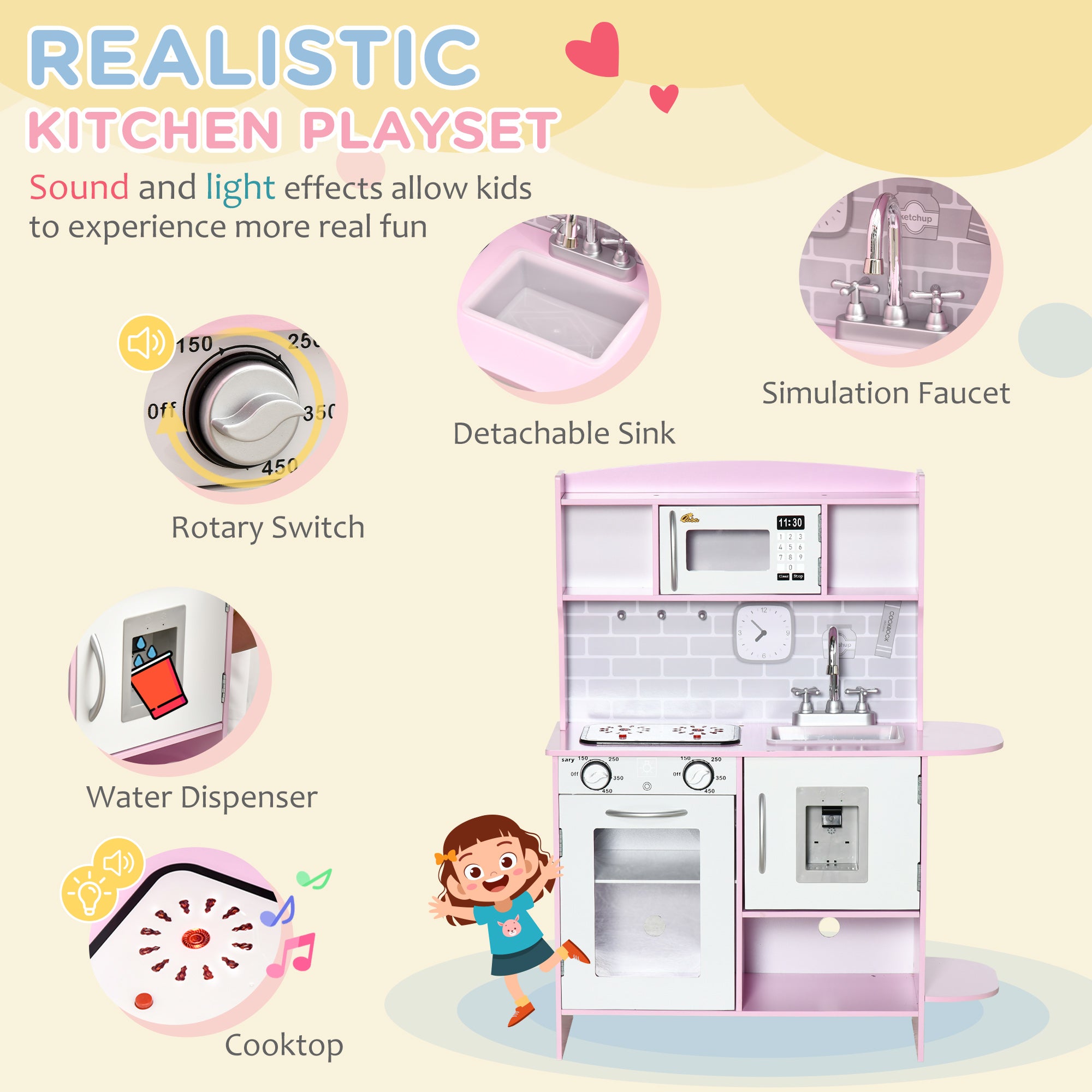Pretend Play Kitchen with Sound Effects and Stove Lights, Kids Kitchen Playset with Storage, Water Dispenser Preschool & Kindergarten Gift for 3-6 Years Old, Pink