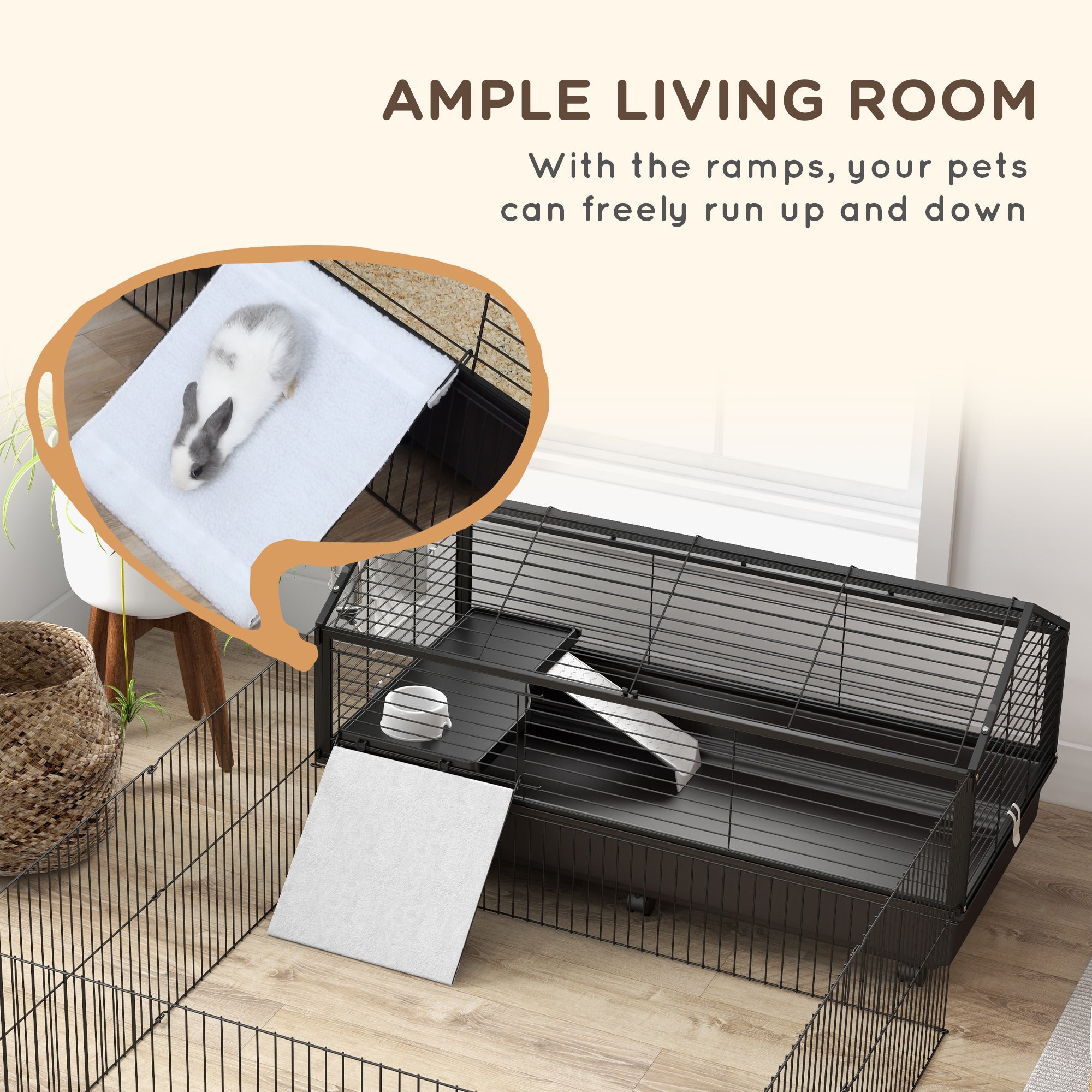 Small Animal Playpen Cage with Rolling Caster, Water Bottle 46.5"
