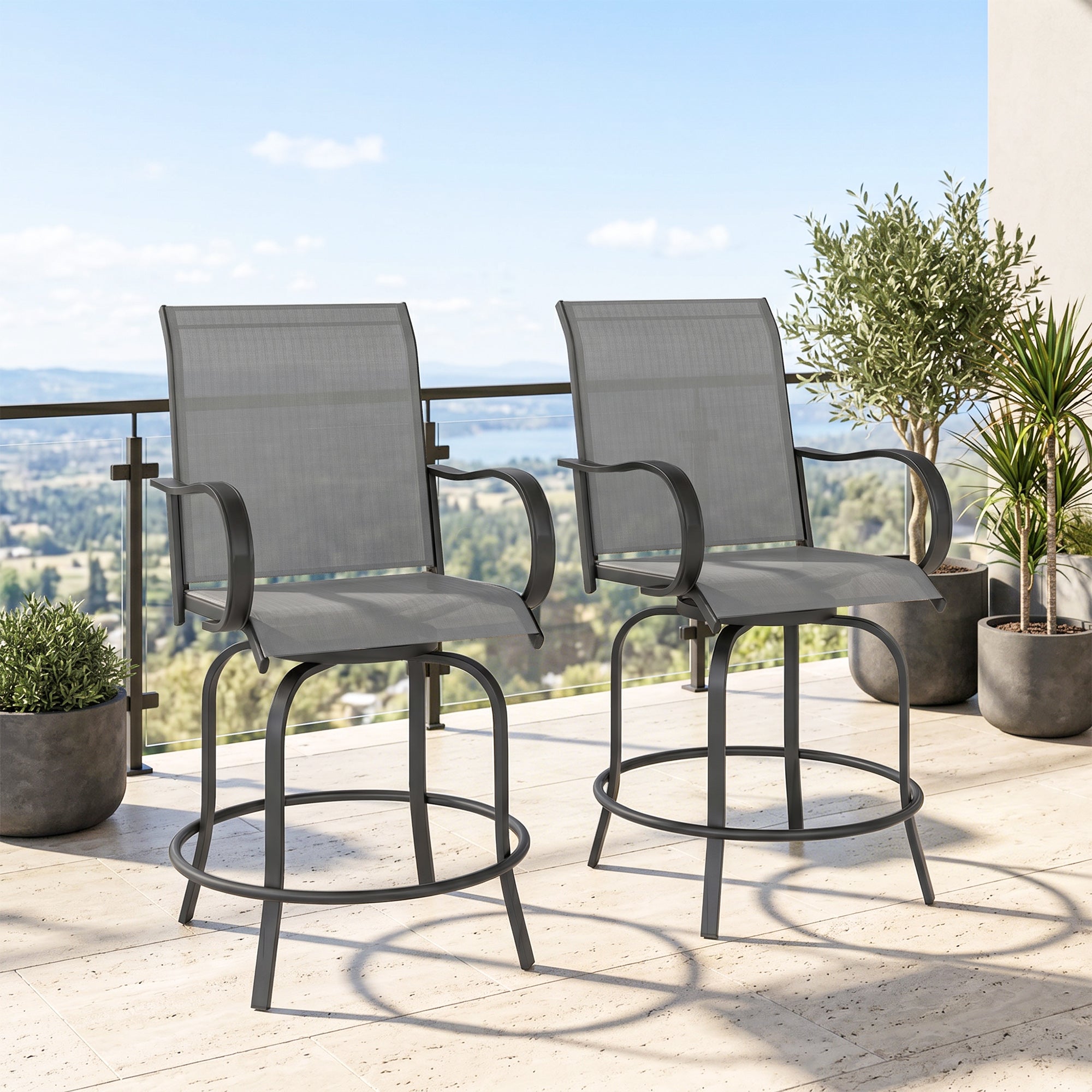 Outdoor Bar Stools Set of 2, 360° Swivel Bar Height Chairs, 26.75" x 29.5" x 48.5", Gray
