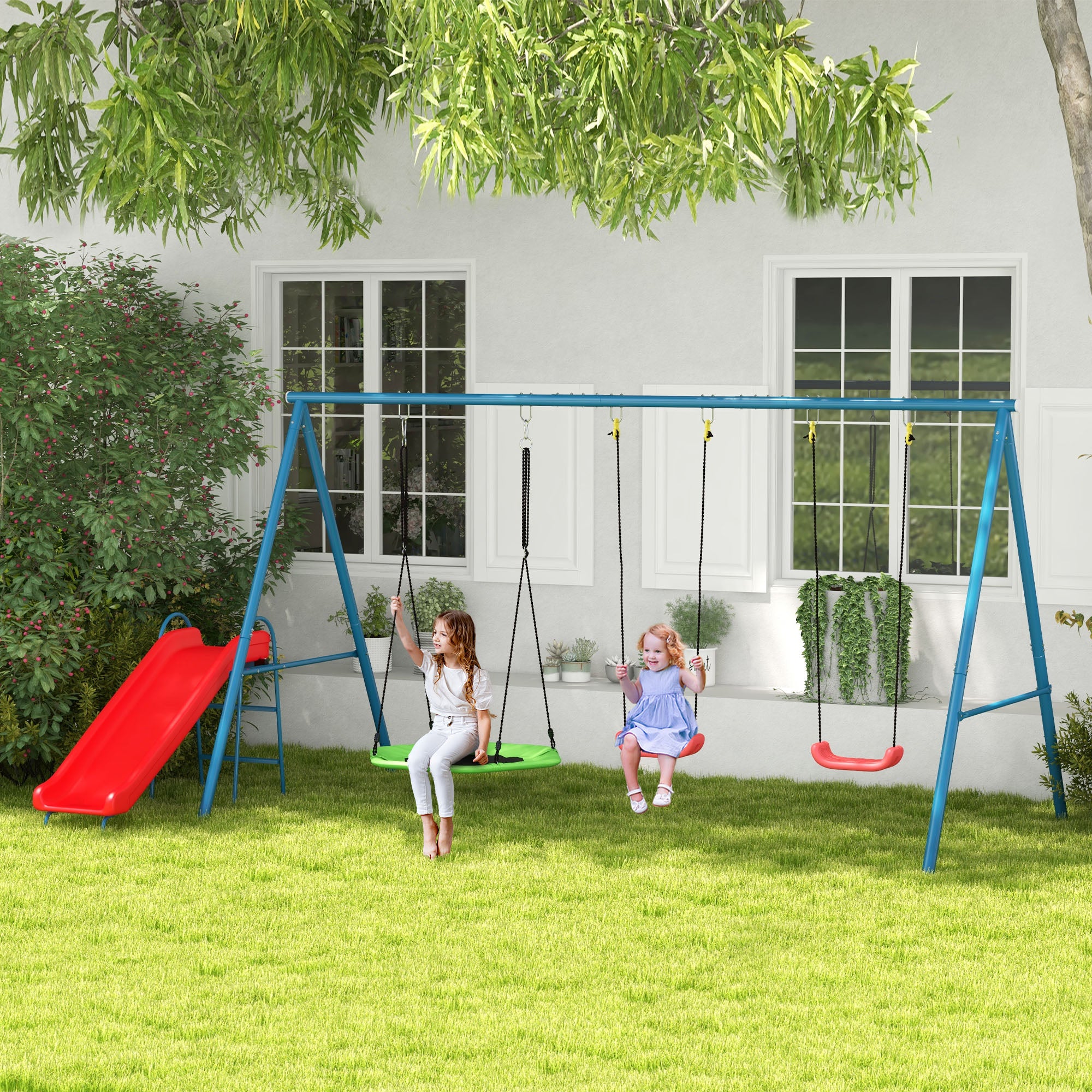 Metal Swing Set for Backyard, 3 in 1 Design with 1 Nest Swing, 2 Seats, 1 Slide, Holds Up to 352 lbs. for Ages 3-8