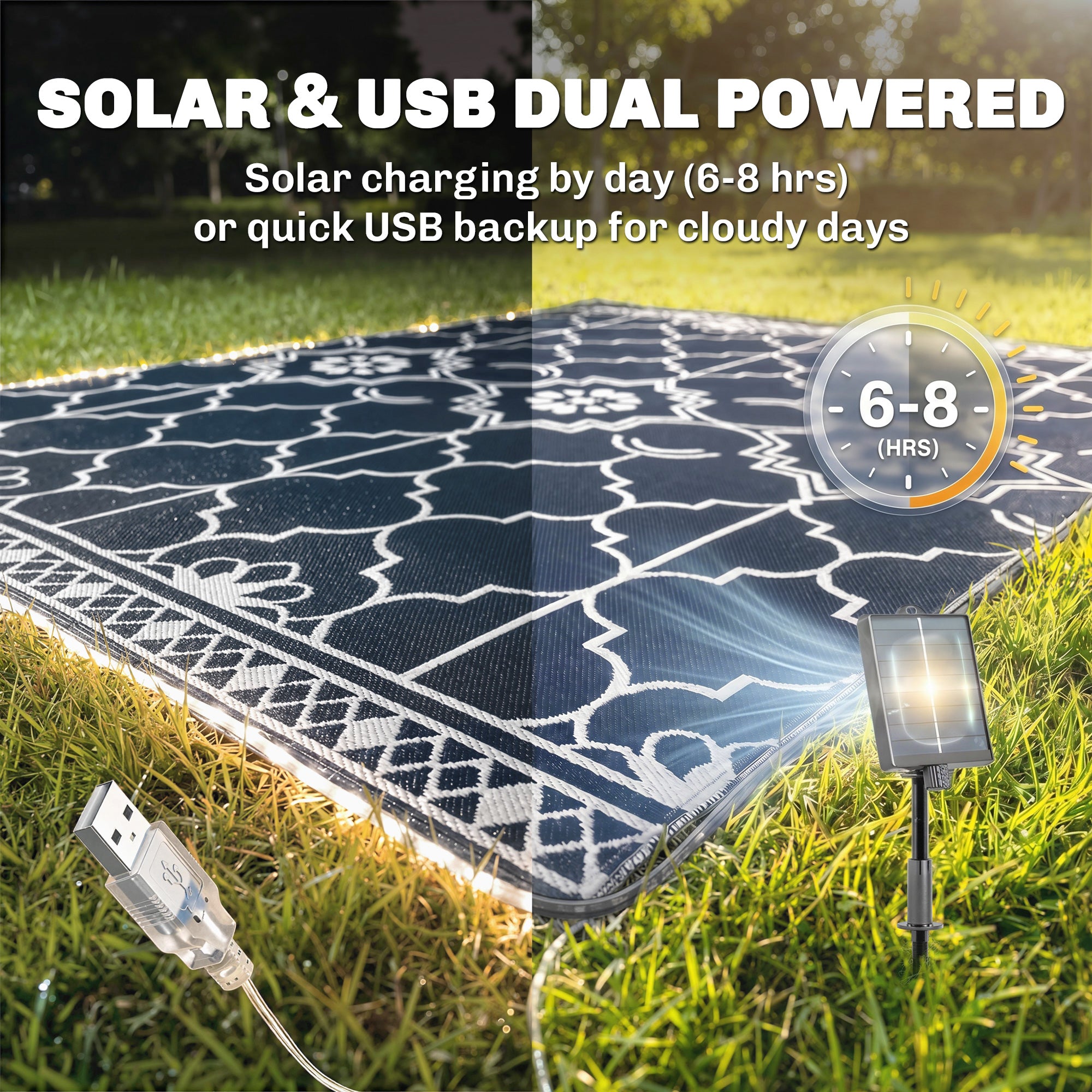 Reversible Outdoor Rug Carpet with LED Lights, 12' x 9' PP Straw Rug with Carry Bag and Ground Stakes