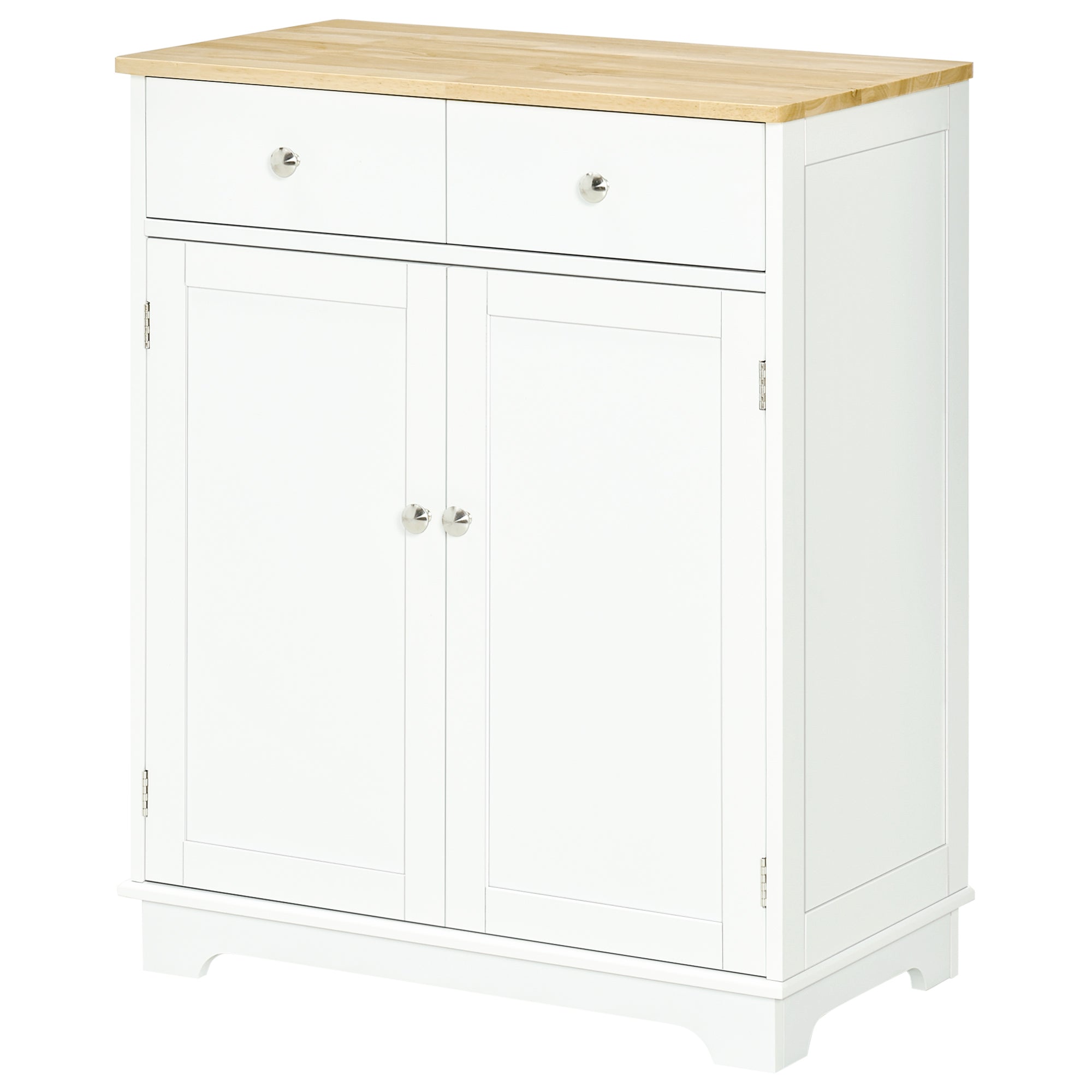 Kitchen Storage Cabinet, Sideboard Floor Cupboard with Solid Wood Top, Adjustable Shelf, and 2 Drawers for Living Room, and Hallway, White