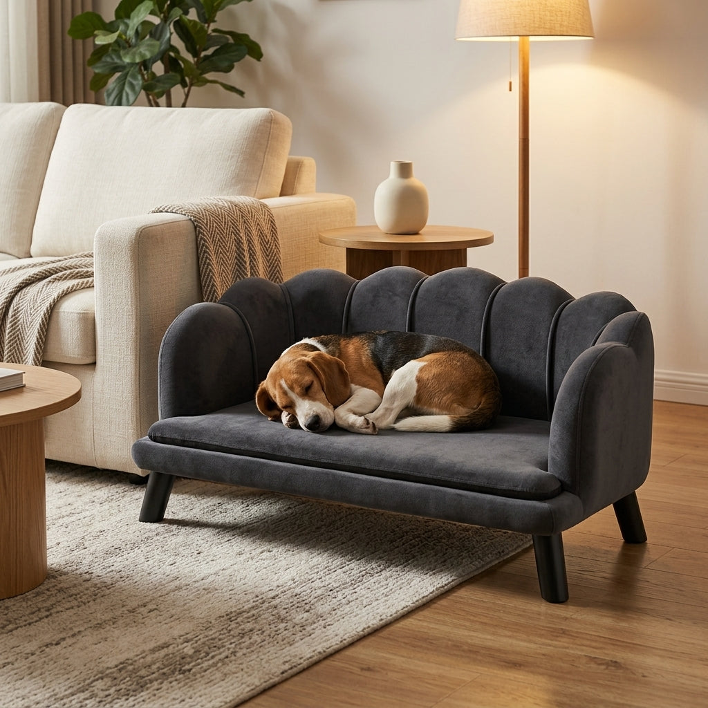 Pearl Design Pet Sofa for Medium and Large Sized Dogs, Pet Bed with Cushion and Solid Wood Legs, Charcoal Gray