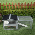 Large Rabbit Cage Outdoor 61"L Guinea Pig Hutch w/ Run Feeding Trough Removable Tray Ramp Asphalt Roof, White