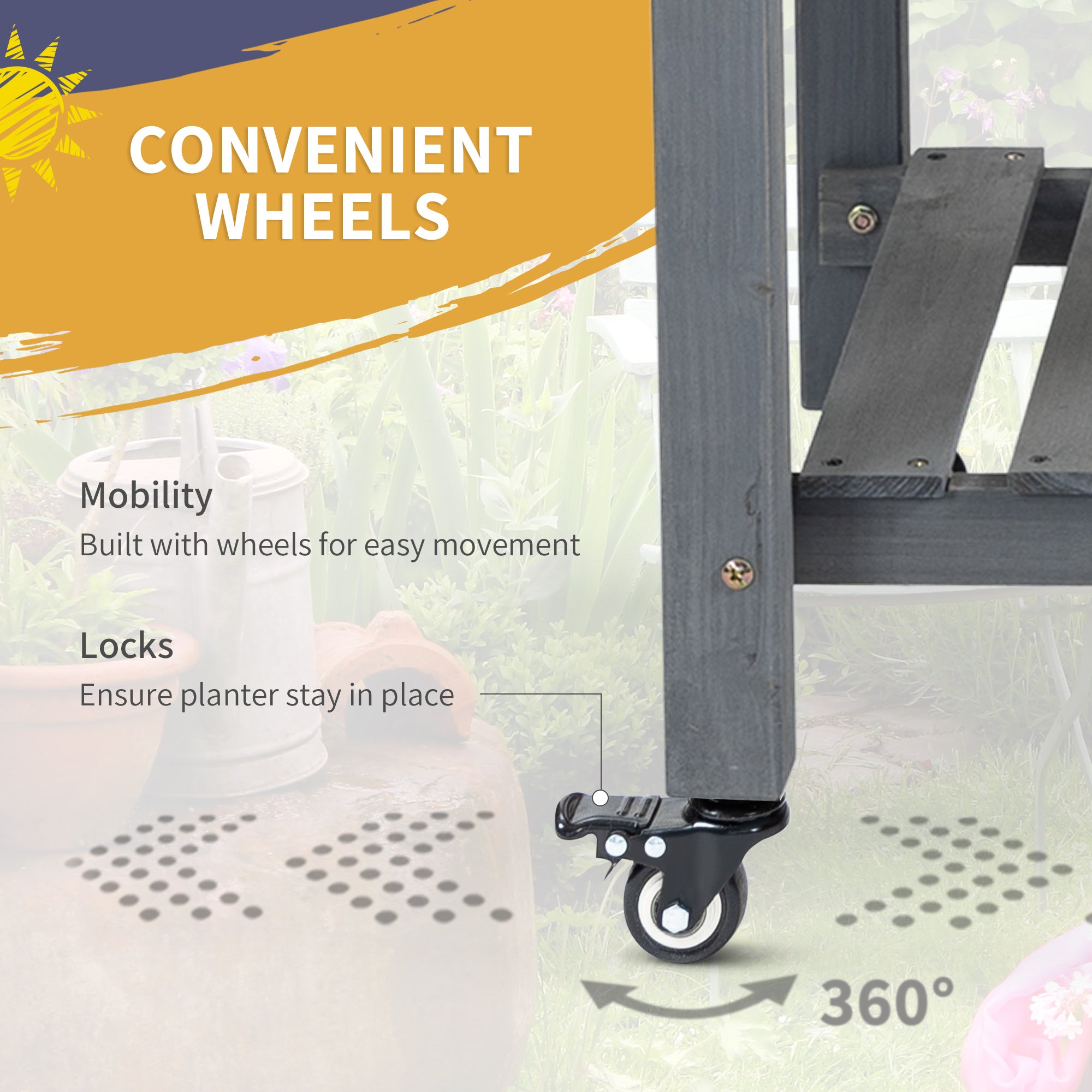 Raised Garden Bed Planter Box w/ 8 Grow Grids, Storage Shelf & Lockable Wheels