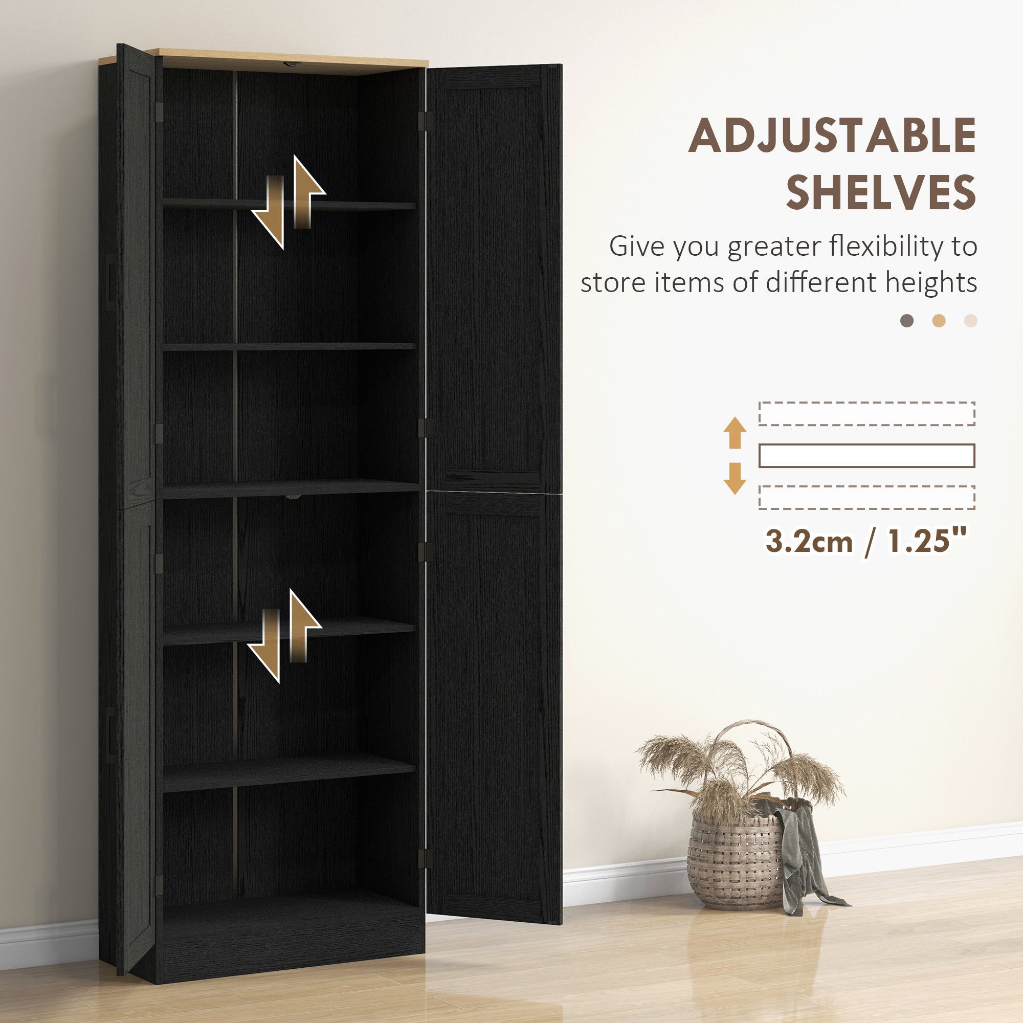 Freestanding Kitchen Pantry, 4-Door Kitchen Pantry Cabinet with Adjustable Shelves and Doors, Distressed Black