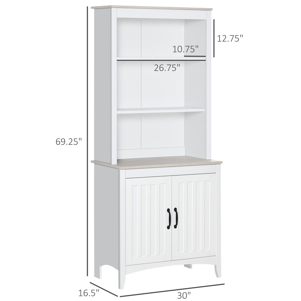 70" Kitchen Hutch, Freestanding Storage Pantry Cabinet with 3-Tier Shelving, Sideboard with Adjustable Shelves and Open Countertop, White