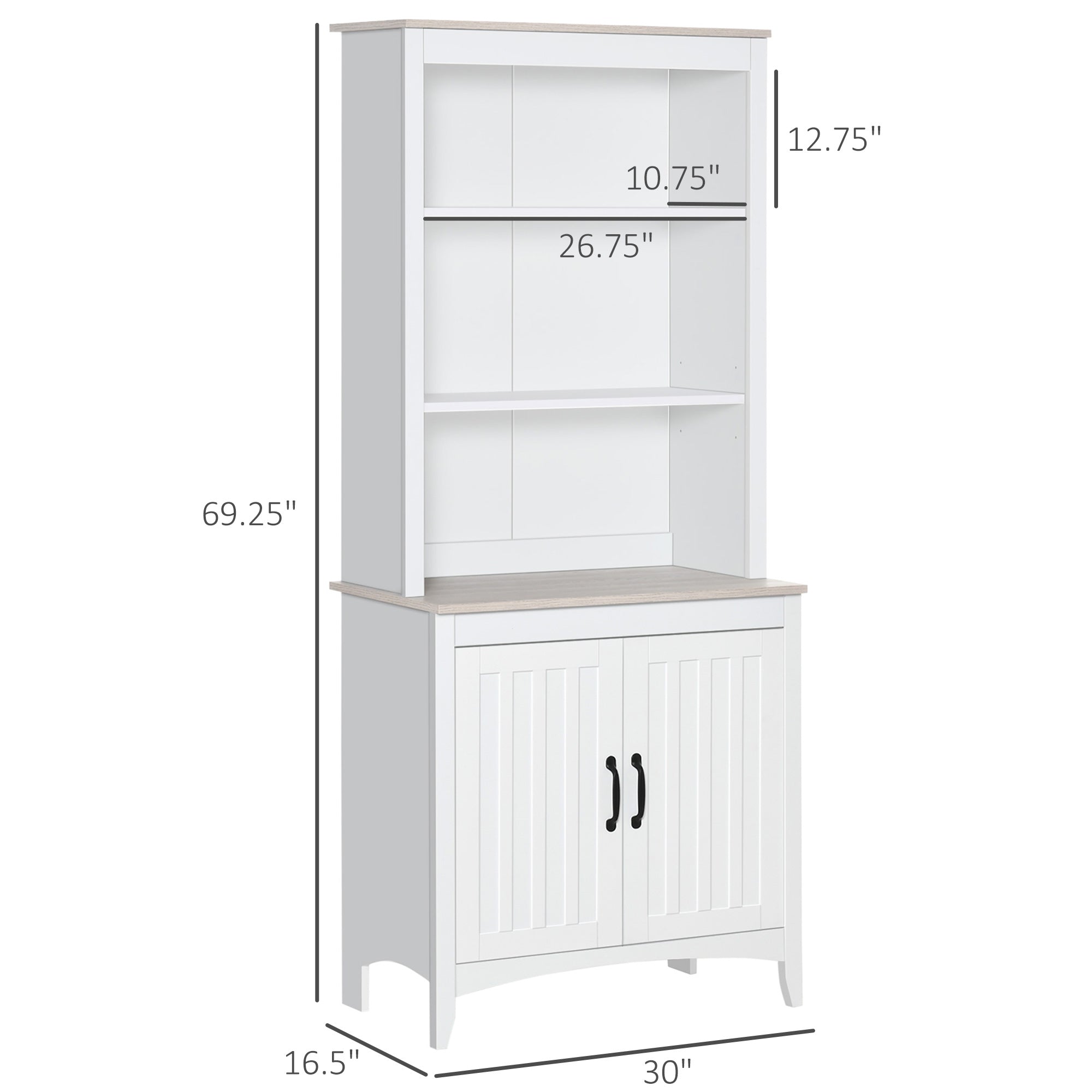 70" Kitchen Hutch, Freestanding Storage Pantry Cabinet with 3-Tier Shelving, Sideboard with Adjustable Shelves and Open Countertop, White