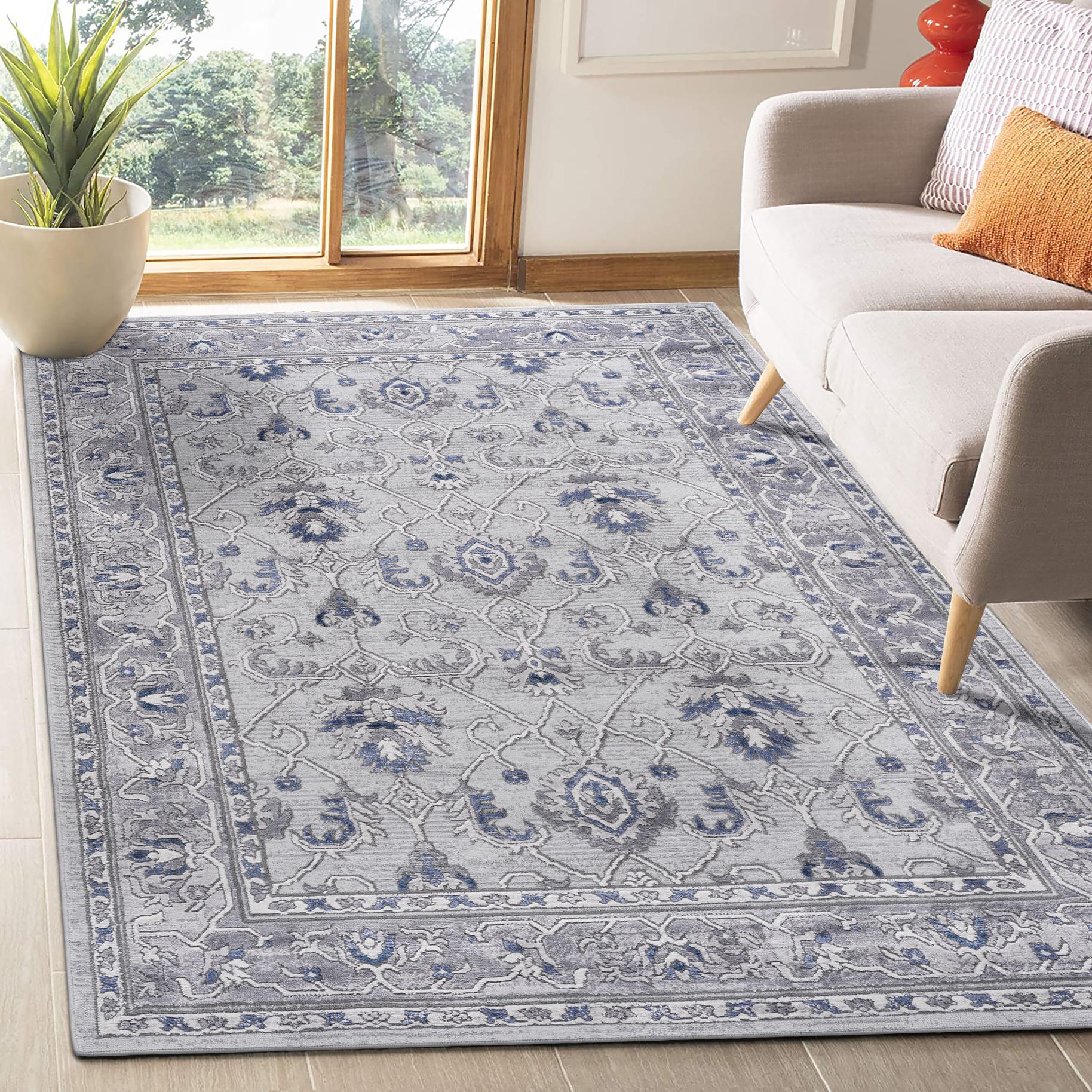 Naar 5x7 Stain-Resistant Area Rug with Cotton Backing, Medium Pile Height, Kid and Pet-Friendly Carpet, 90" L x 63" W x 0.35" H, Gray+Blue