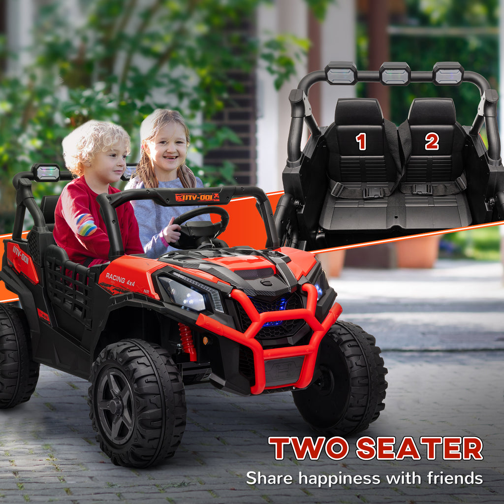 2 Seater 24V Kids Electric Car w/ Remote Control, 3 Speed, LED Lights, Music, Horn, Spring Suspension, Slow Start, Red