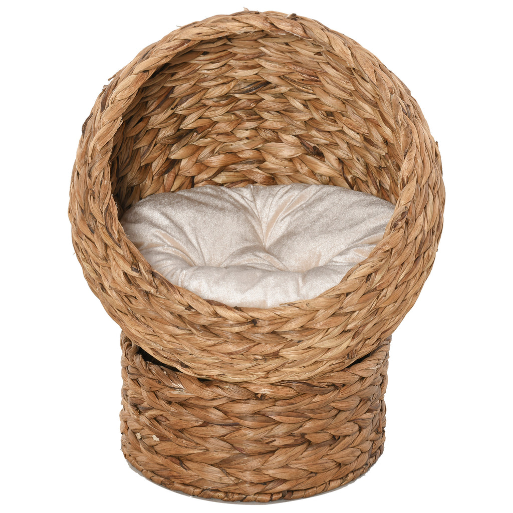 Handwoven Elevated Cat Bed with Soft Cushion & Egg Chair Shape, Basket Bed Kitty House with Stand, Raised Wicker House for Indoor Cats, 23.5" H, Light Brown