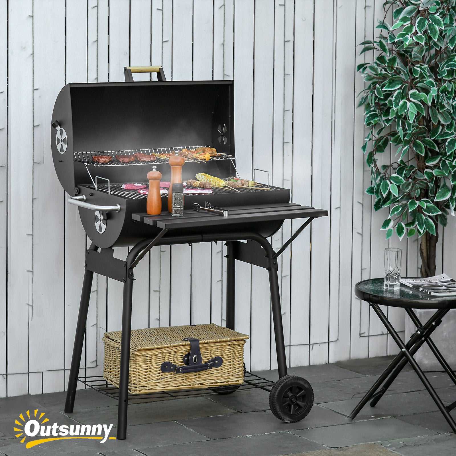 30" Portable Charcoal Barbecue Grill with Wheels Outdoor Barbecue with Adjustable Charcoal Rack, Storage Shelf, for Garden Camping Picnic