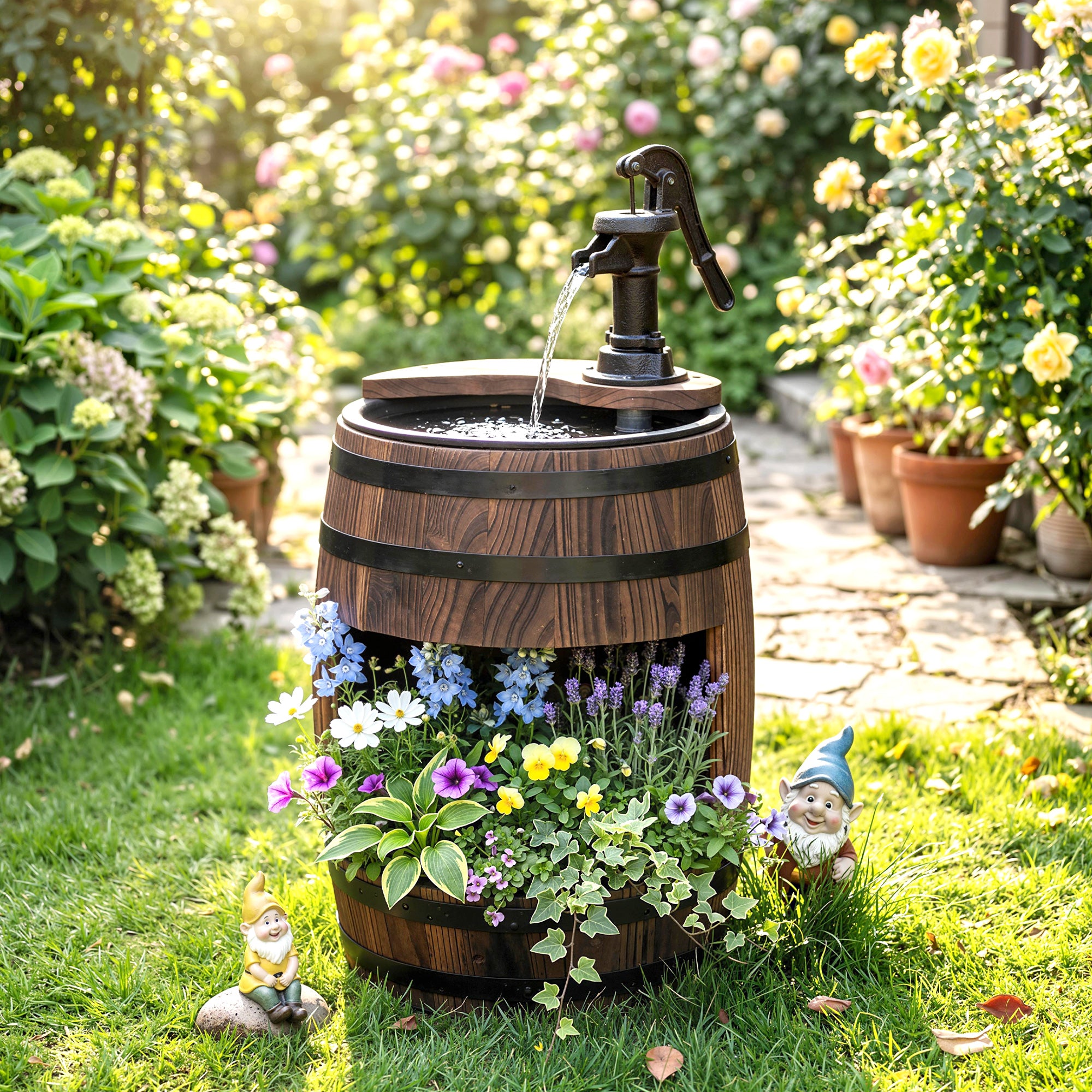 23" H Outdoor Water Fountain Wood and Plastic Rustic Apple Barrel Pump Garden Decor for Outside Backyard