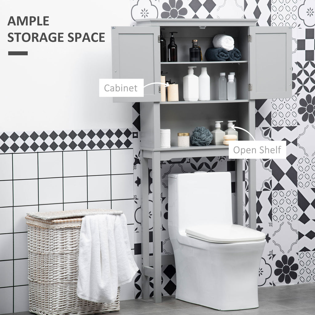 Modern Over The Toilet Storage Cabinet, Double Door Bathroom Organizer with Inner Adjustable Shelf and Open Shelf, Gray