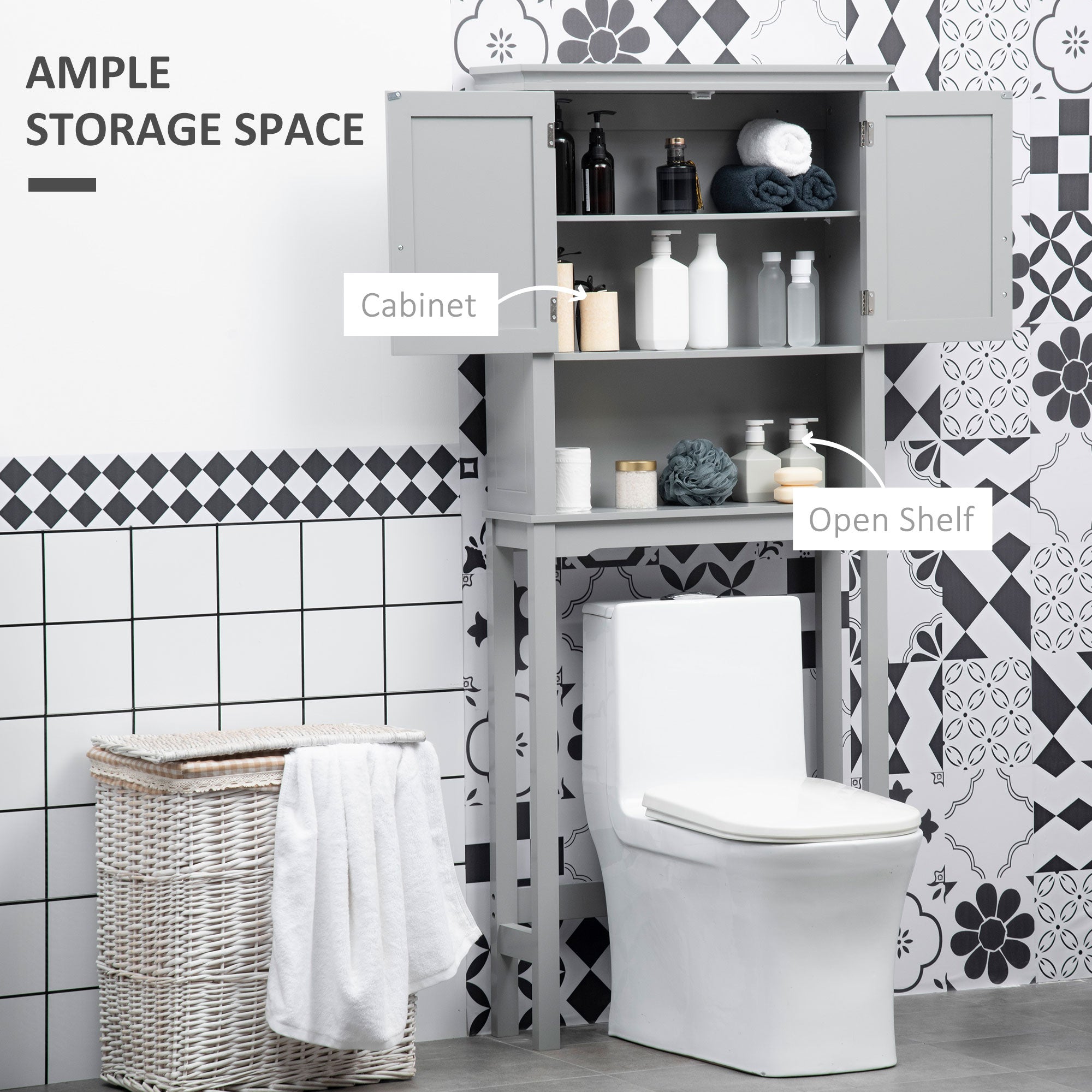 Modern Over The Toilet Storage Cabinet, Double Door Bathroom Organizer with Inner Adjustable Shelf and Open Shelf, Gray
