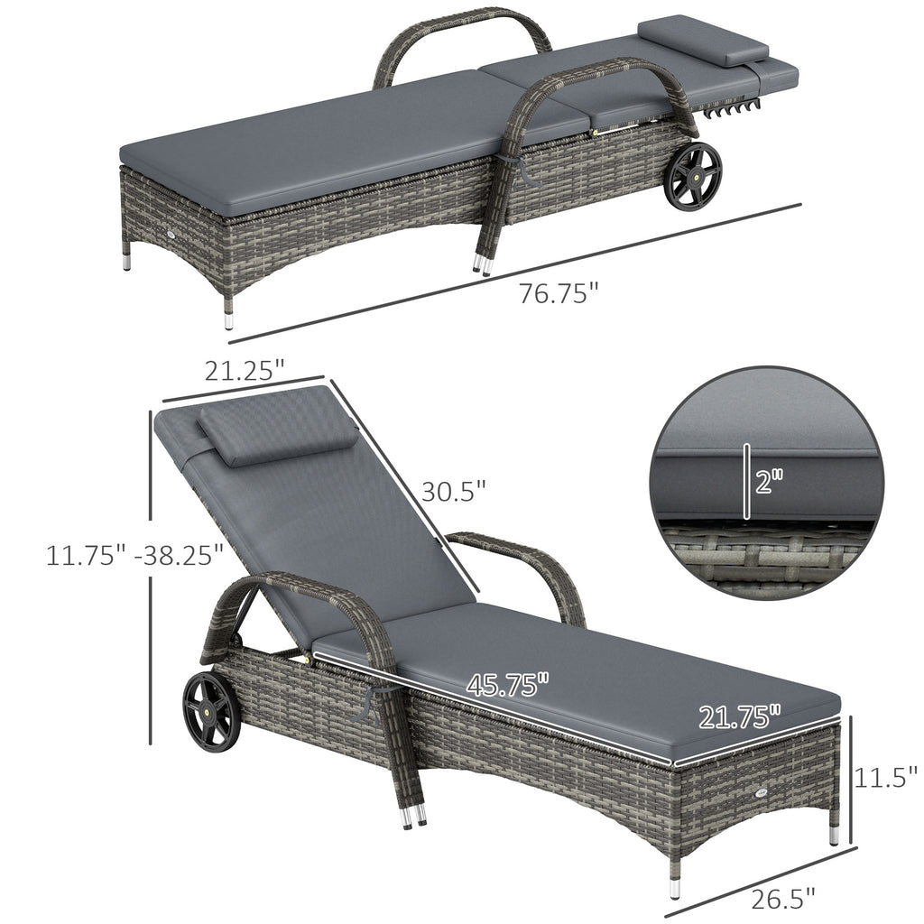 Outdoor Chaise Lounge, 5-Level Adjustable Backrest Rattan Pool Lounge Chair with Wheels, Cushion & Headrest, Gray