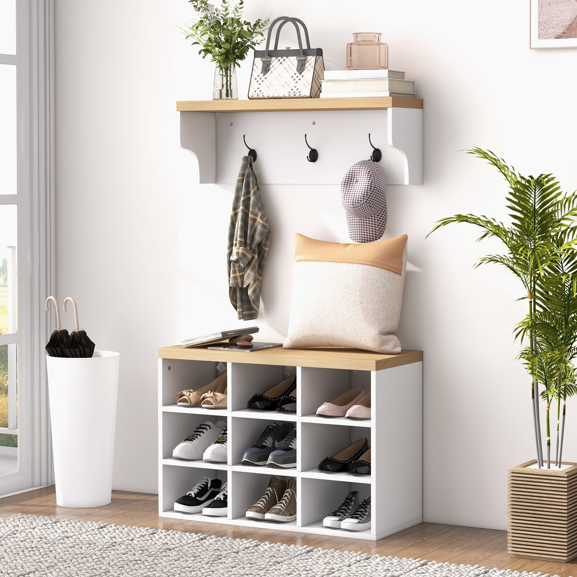 2-in-1 Coat Rack Shoe Bench Set, 5-Hook Hall Tree with Bench and Shoe Storage for 9 Pairs of Shoes for Entryway, Hallway, White