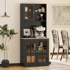 72" Kitchen Pantry Storage Cabinet with Hutch, Large Countertop, Glass Doors and Adjustable Shelves, Black